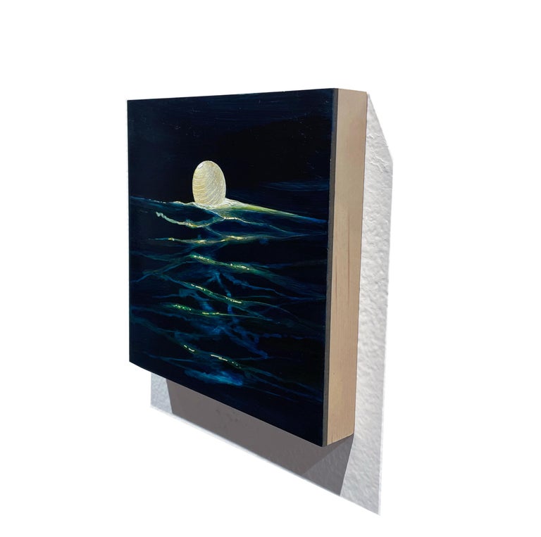Ocean Current - Illuminated Paper Lantern on Deep Teal Water, Acrylic on Panel - Contemporary Painting by Christina Haglid