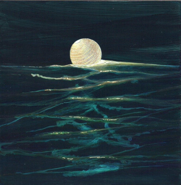 Christina Haglid Landscape Painting - Ocean Current - Illuminated Paper Lantern on Deep Teal Water, Acrylic on Panel