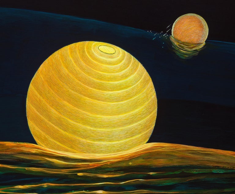 Ocean Echo - Illuminated Paper Lanterns Adrift On Ocean Waves, Acrylic On Panel - Contemporary Painting by Christina Haglid