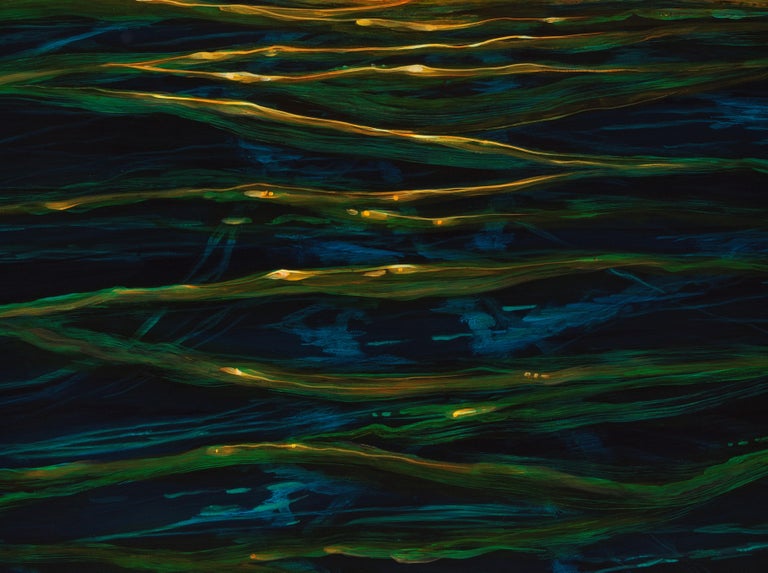 Ocean Echo - Illuminated Paper Lanterns Adrift On Ocean Waves, Acrylic On Panel - Black Landscape Painting by Christina Haglid