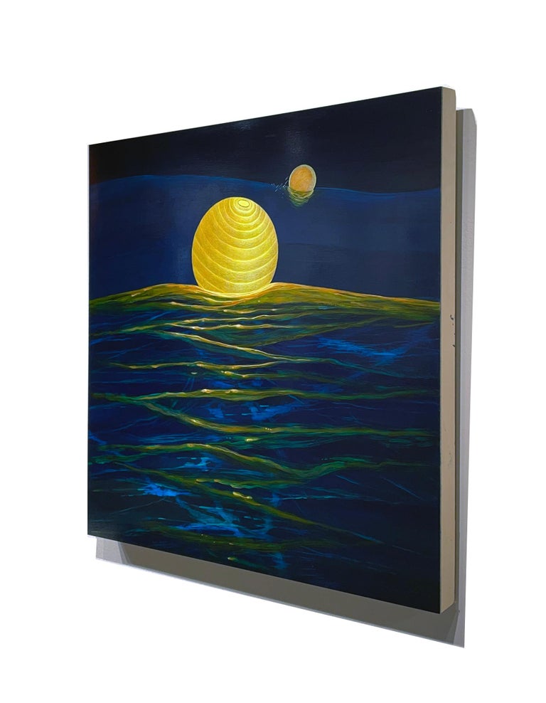 Ocean Echo - Illuminated Paper Lanterns Adrift On Ocean Waves, Acrylic On Panel For Sale 1