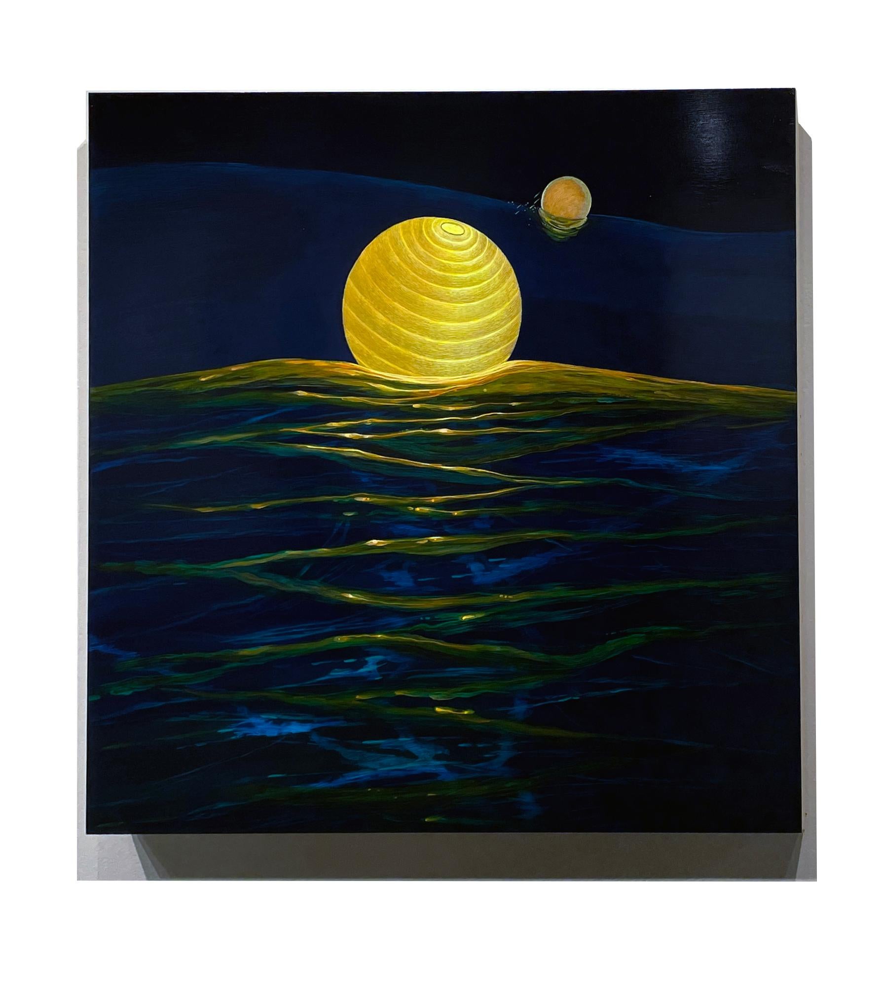 Ocean Echo - Illuminated Paper Lanterns Adrift On Ocean Waves, Acrylic On Panel - Black Landscape Painting by Christina Haglid