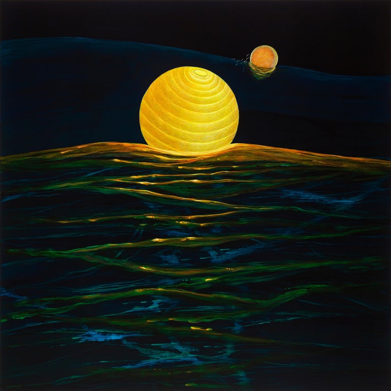 Ocean Echo - Illuminated Paper Lanterns Adrift On Ocean Waves, Acrylic On Panel - Painting by Christina Haglid