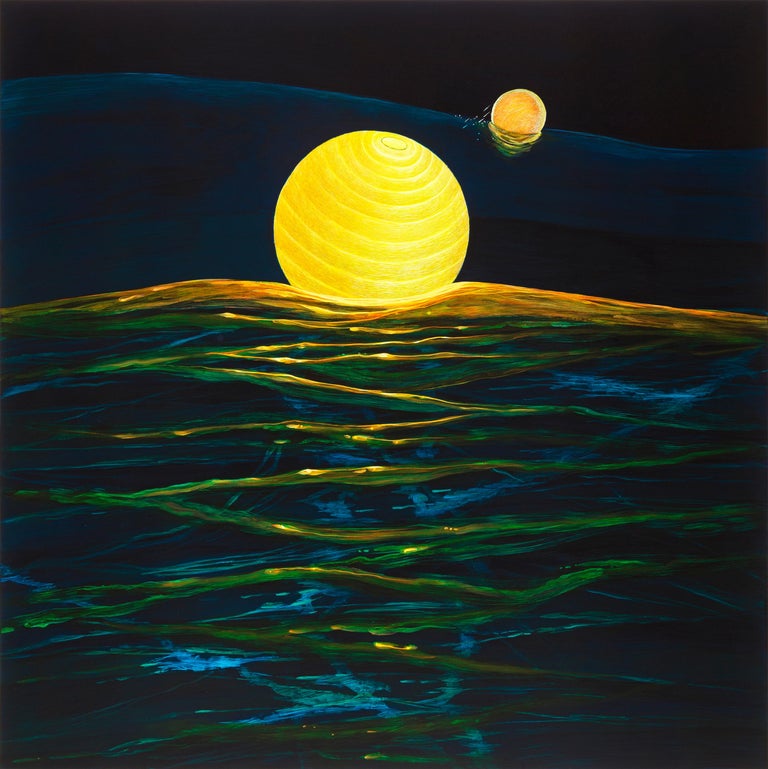 Christina Haglid Landscape Painting - Ocean Echo - Illuminated Paper Lanterns Adrift On Ocean Waves, Acrylic On Panel