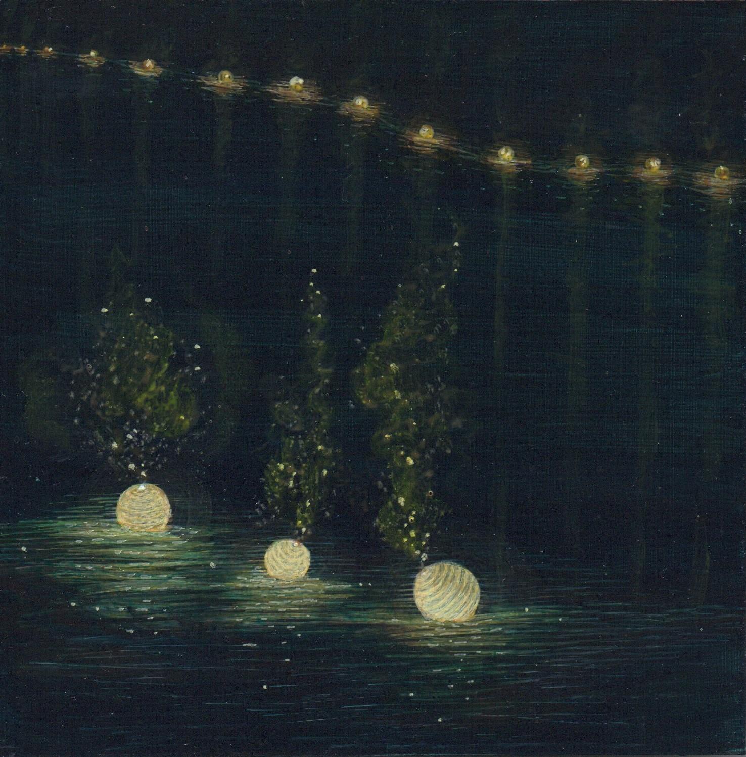 Ocean Pass, Illuminated Paper Lanterns on Dark Water, Acrylic on Panel