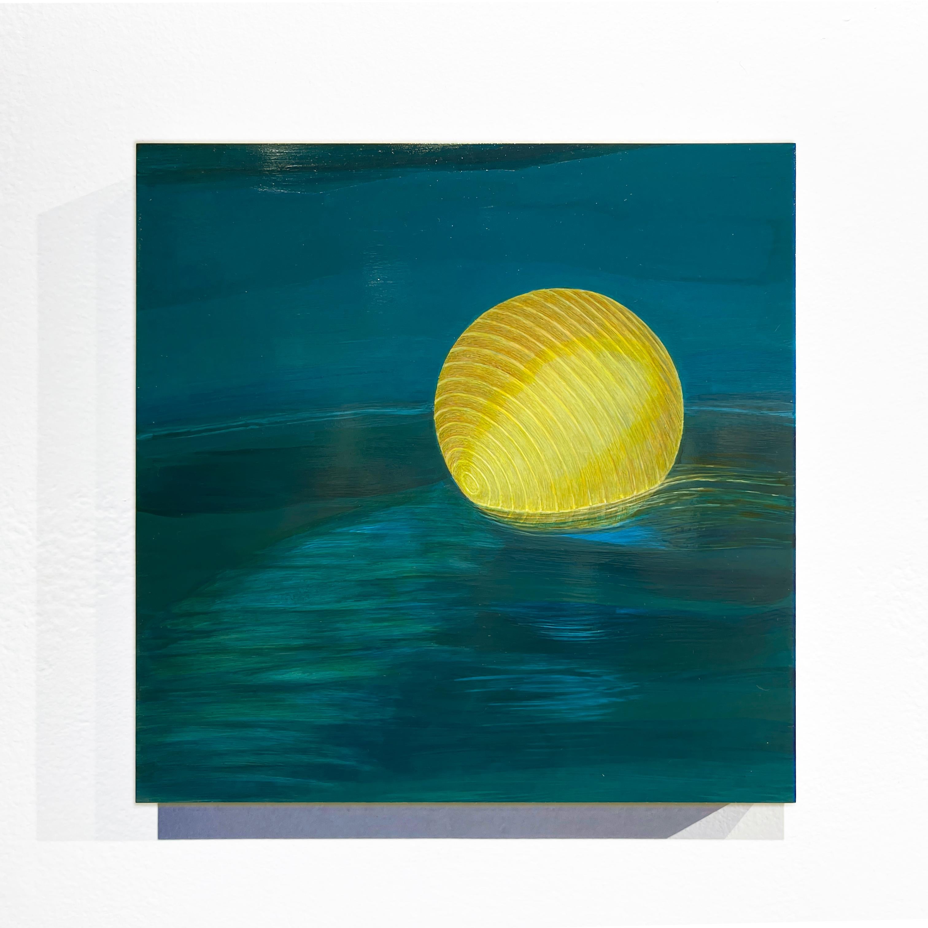 Ocean Rest - Illuminated Paper Lantern on Vivid Blue Water, Acrylic on Panel - Painting by Christina Haglid