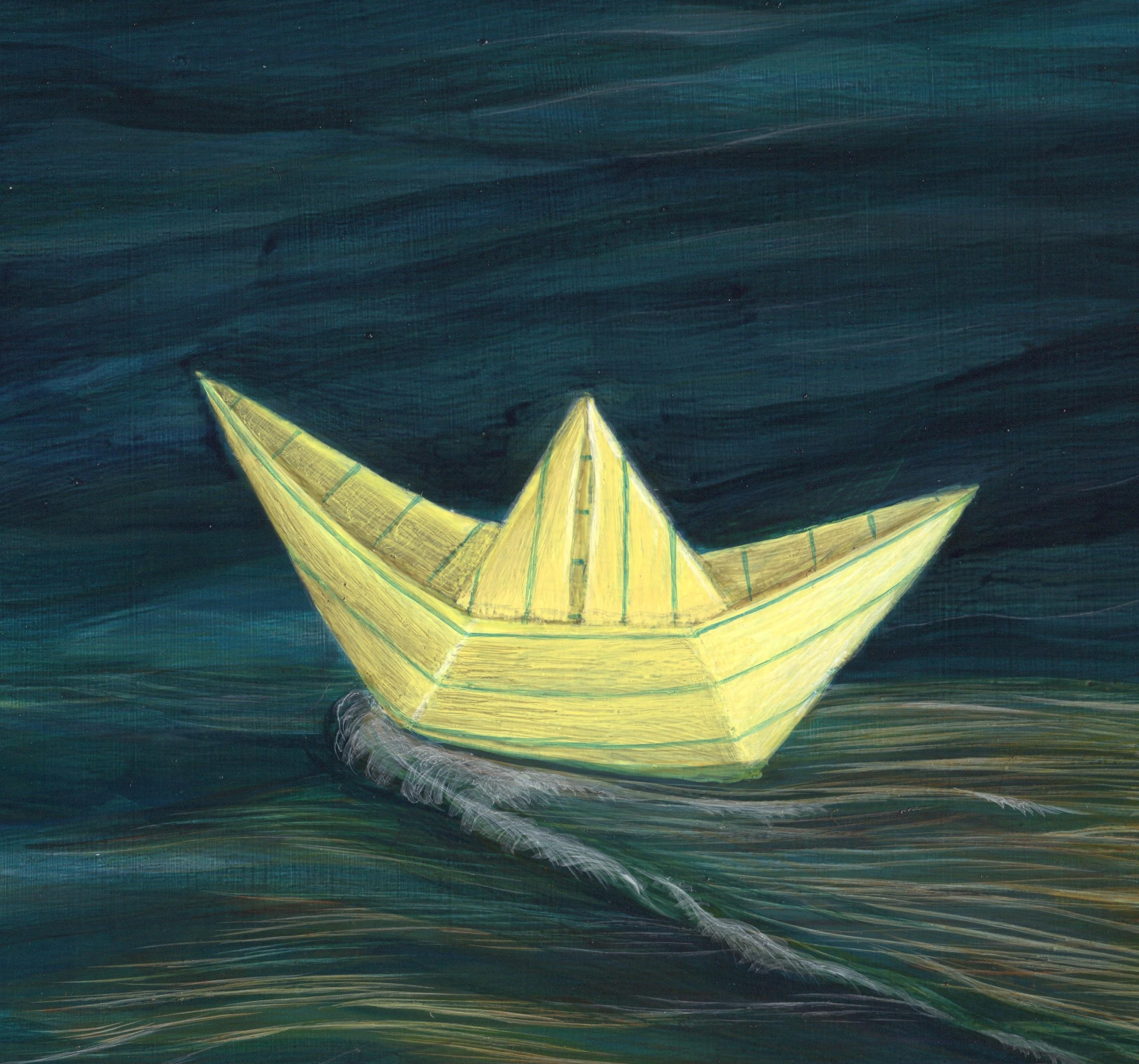 Paper Boat - An Illuminated Paper Boat and a Paper Lantern Floating on the Ocean - Painting by Christina Haglid