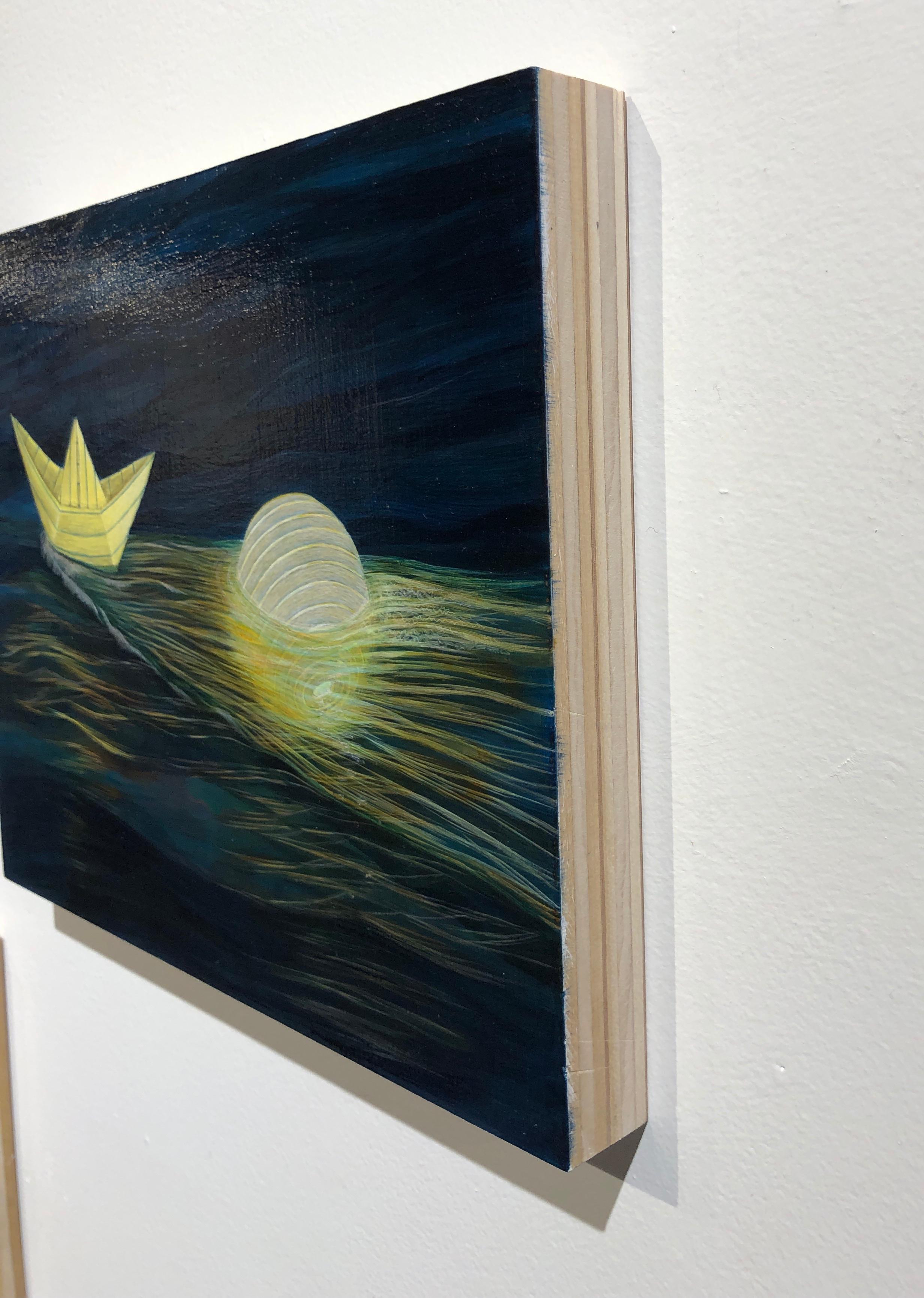 Paper Boat - An Illuminated Paper Boat and a Paper Lantern Floating on the Ocean - Black Landscape Painting by Christina Haglid