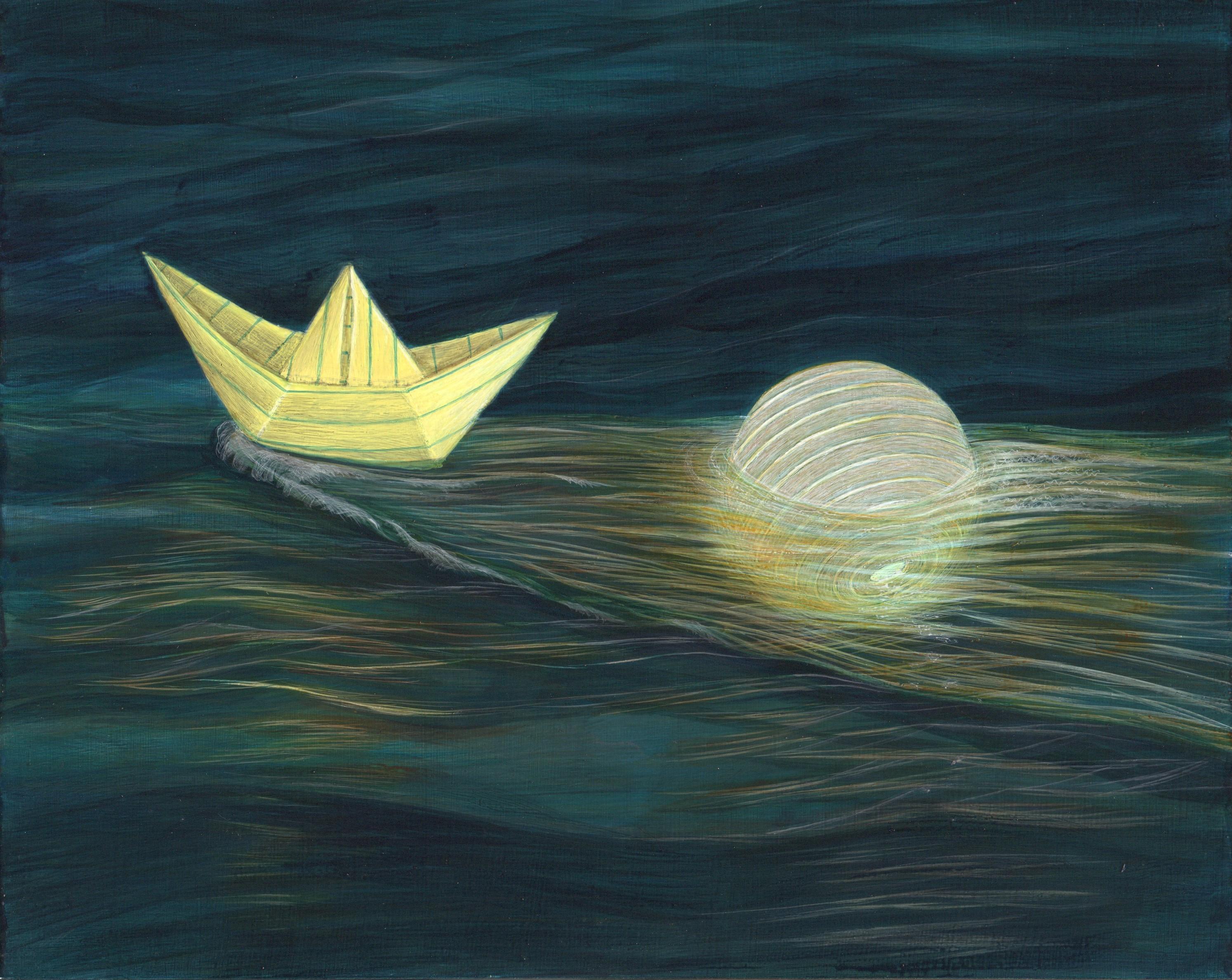 Christina Haglid Landscape Painting - Paper Boat - An Illuminated Paper Boat and a Paper Lantern Floating on the Ocean