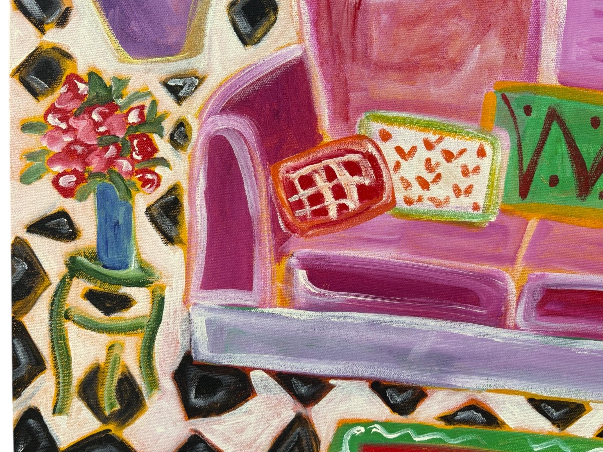 Ein ungerahmtes Öl auf Leinwand der amerikanischen Künstlerin Christina Keating. Zeigt eine Innenraumszene in kräftigen Farben, mit Blick auf den Himmel und Palmen durch ein Bogenfenster. In der Mitte gesungen und datiert '94.

Die provokantesten