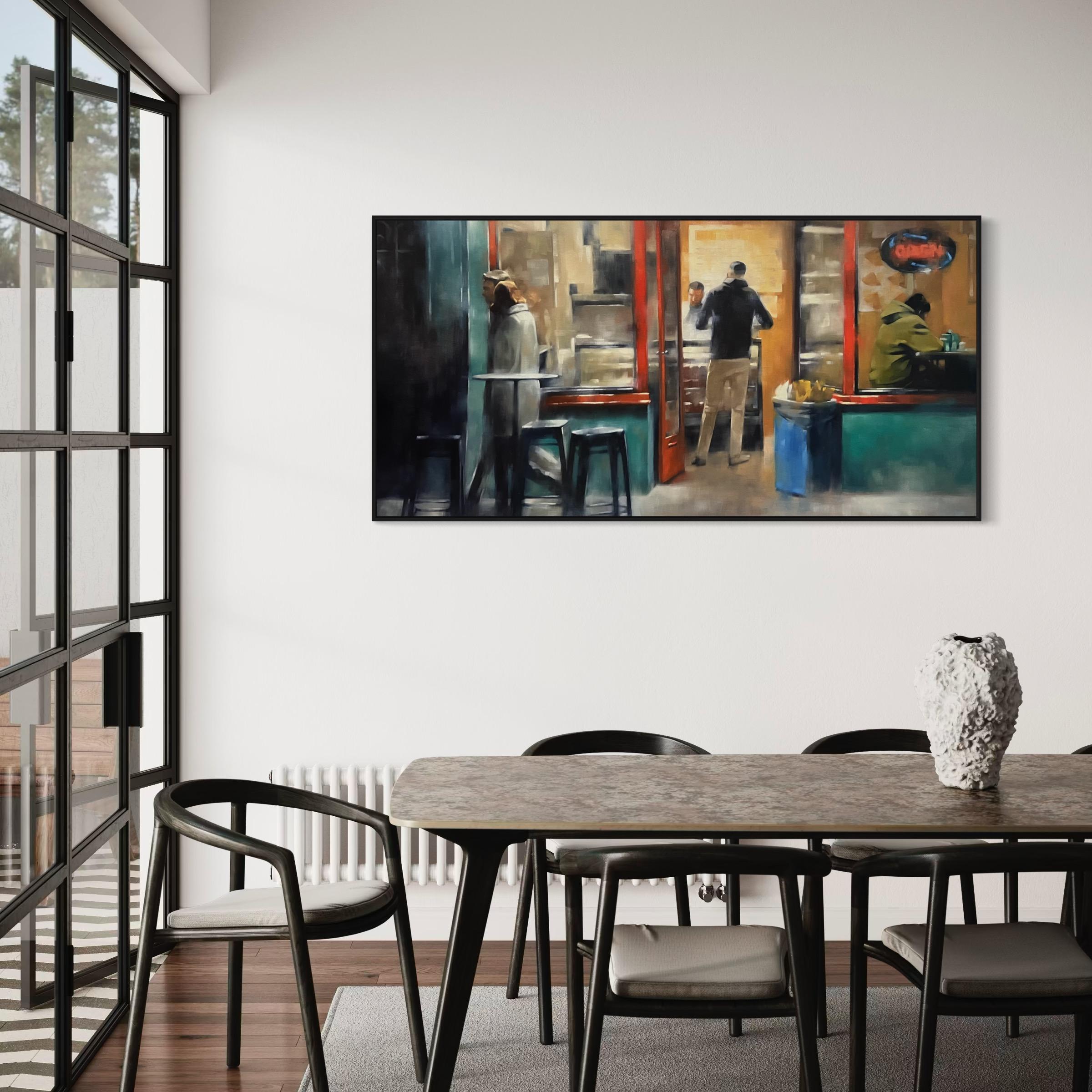 At the Pizzeria - Large Scale City Scene Urban painting Edward Hopper inspired - Painting by Christina Kent