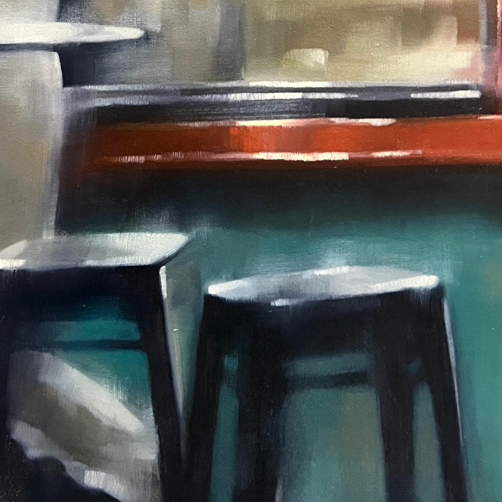 At the Pizzeria is a captivating 36 x 72 inch oil painting by Christina Kent, inspired by the quiet tension and cinematic lighting of Edward Hopper’s urban scenes. Set in San Francisco, this atmospheric work captures a moment of stillness outside a