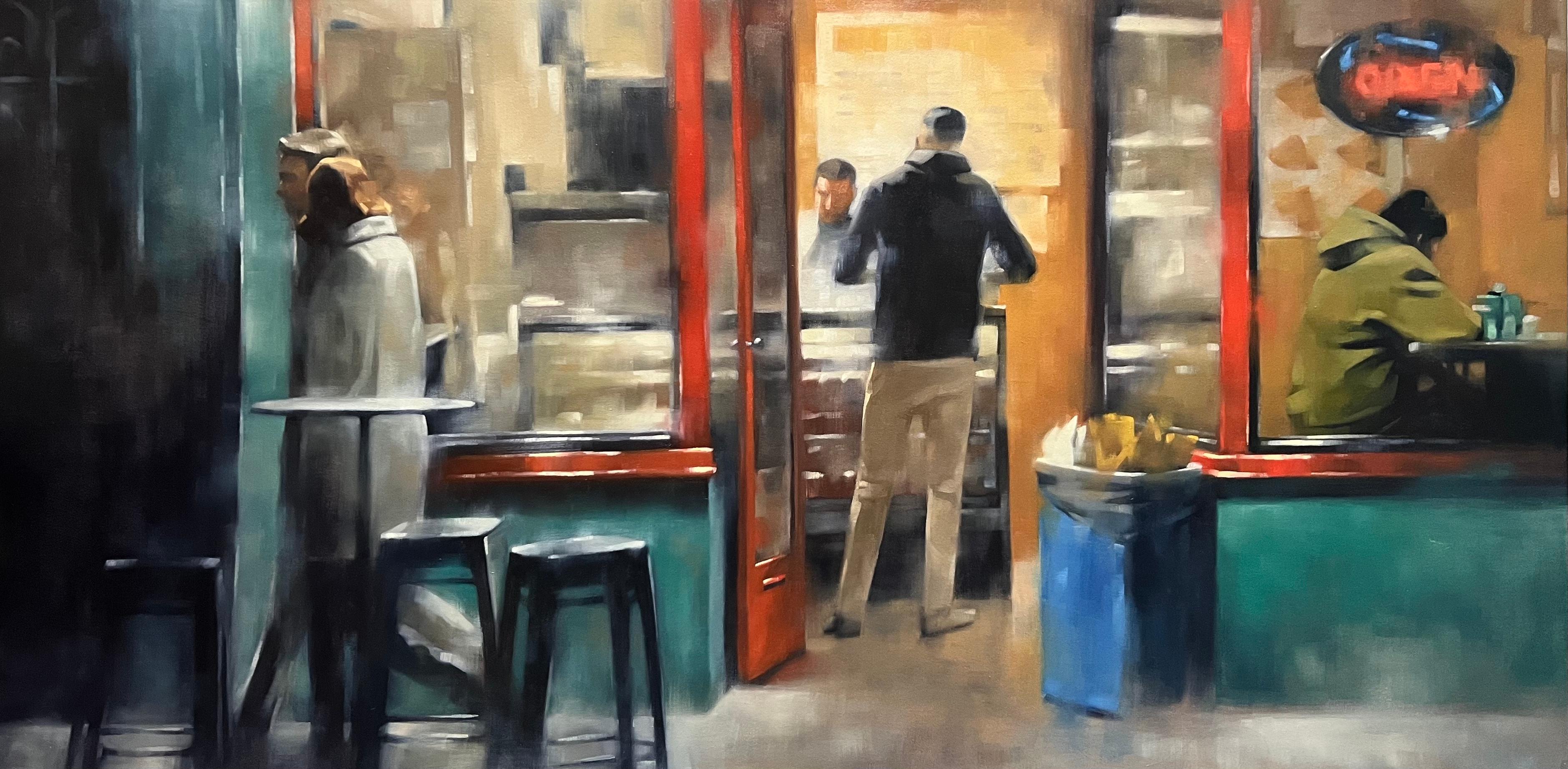 Christina Kent Landscape Painting - At the Pizzeria - Large Scale City Scene Urban painting Edward Hopper inspired