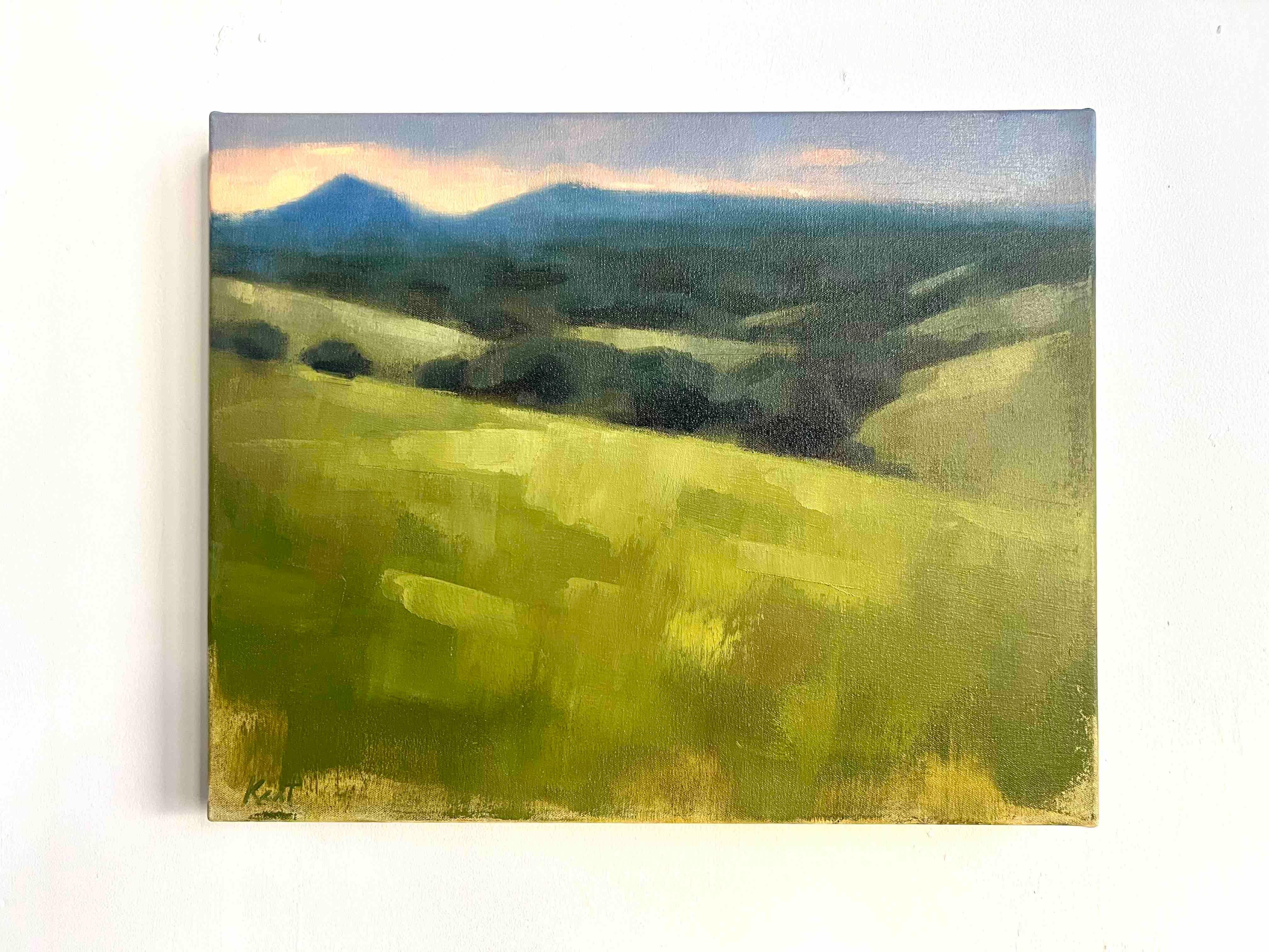 Paisaje californiano pintura al óleo original con montañas lejanas - Painting Realista de Christina Kent