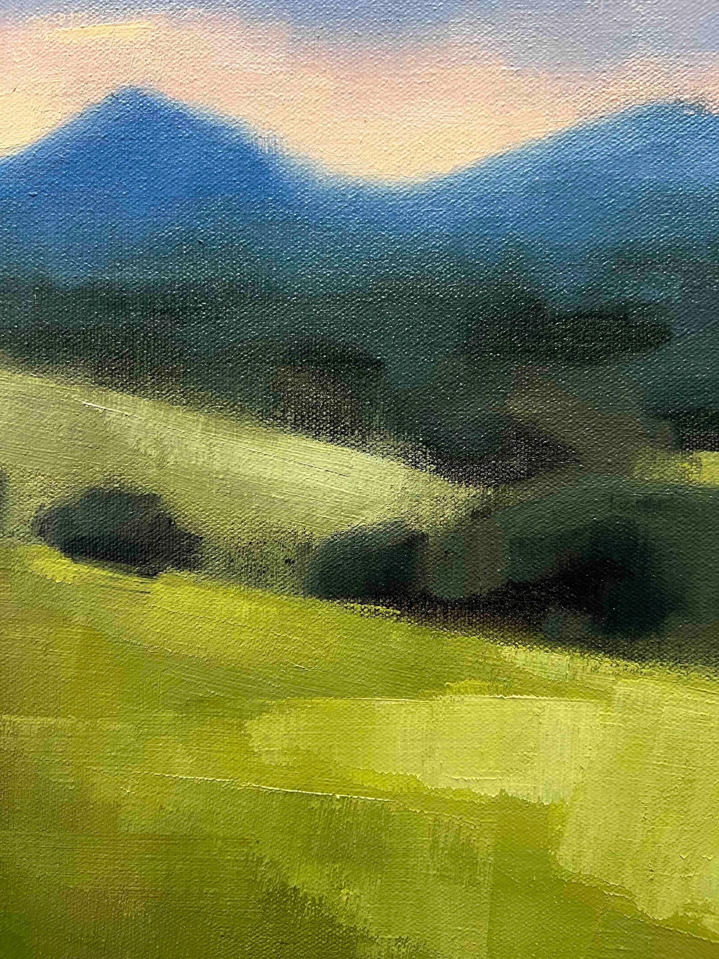 Paisaje californiano pintura al óleo original con montañas lejanas 1