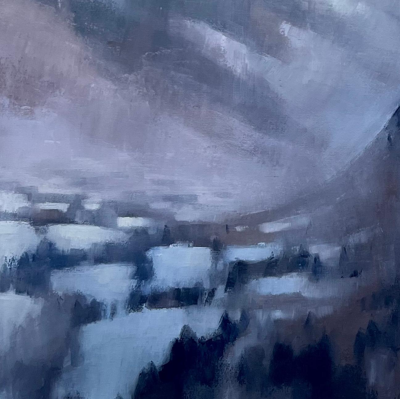 This captivating large-scale oil painting beautifully captures the peaceful winter landscape of Vail Pass, Colorado. The scene is bathed in soft, serene hues of purple, lavender, and white, with layers of snow-capped mountains receding into a