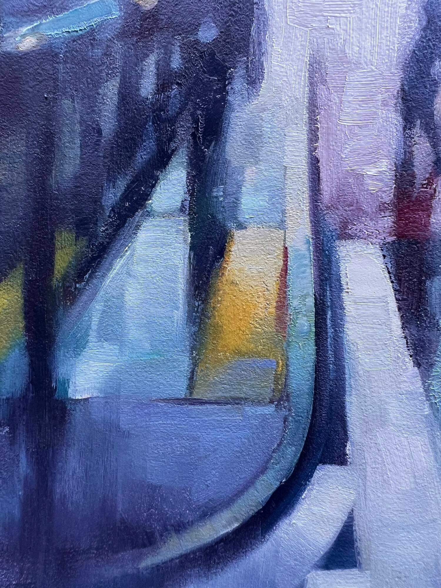 Zeitgenössische 10x8 Ölgemälde der regnerischen Stadt Straße mit Nebel und Figur im Angebot 1