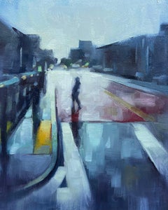Contemporary 10x8 Oil Painting of Rainy City Street with Fog and Figure