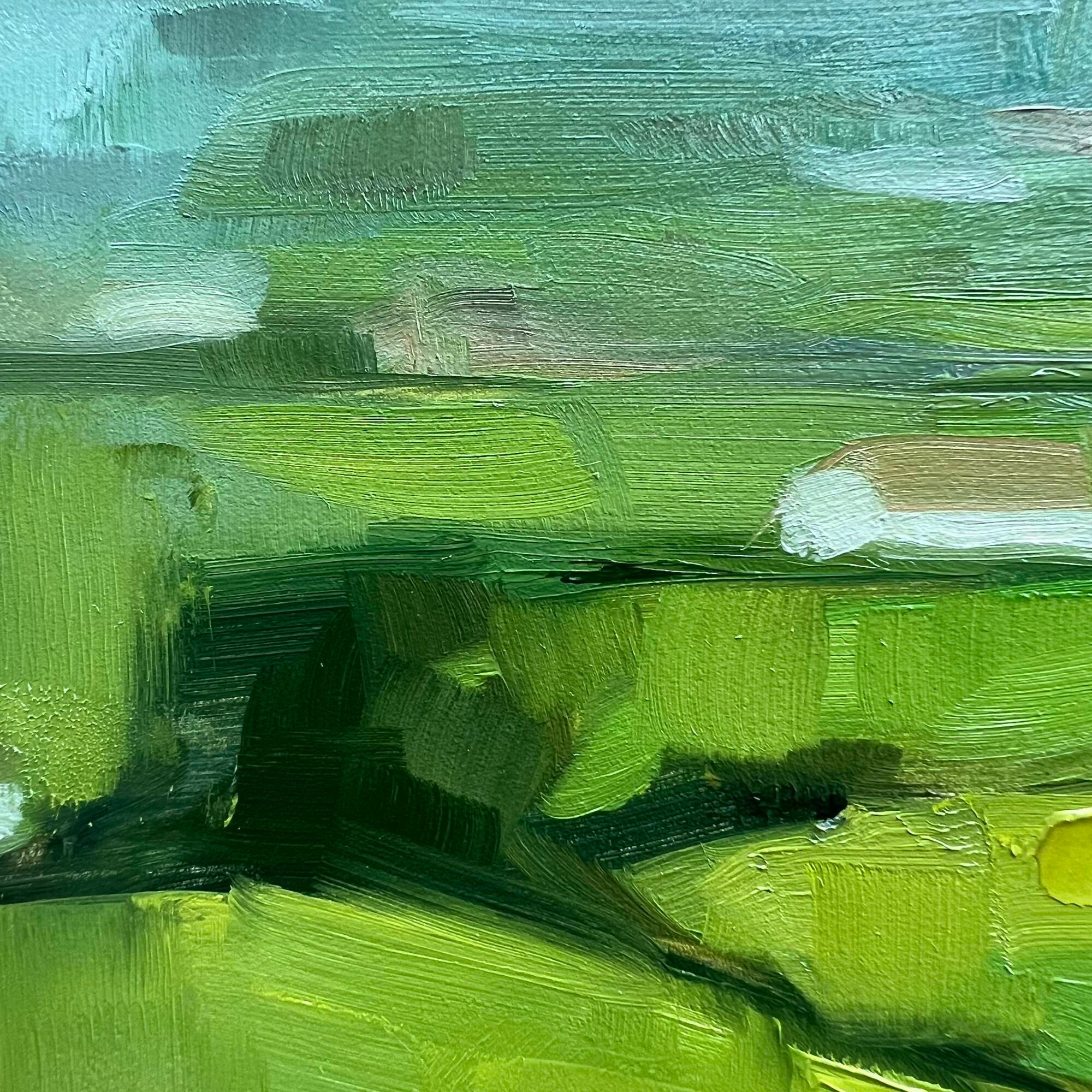 Zeitgenössisches 8x8 Ölgemälde einer üppigen grünen spanischen Landschaft (Realismus), Painting, von Christina Kent