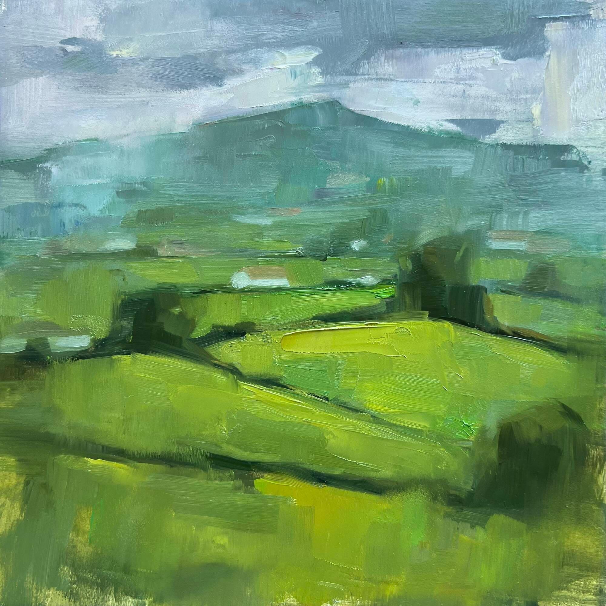 Paisaje contemporáneo al óleo de 8x8 de una campiña española verde y exuberante