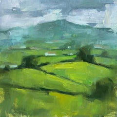 Paisaje contemporáneo al óleo de 8x8 de una campiña española verde y exuberante