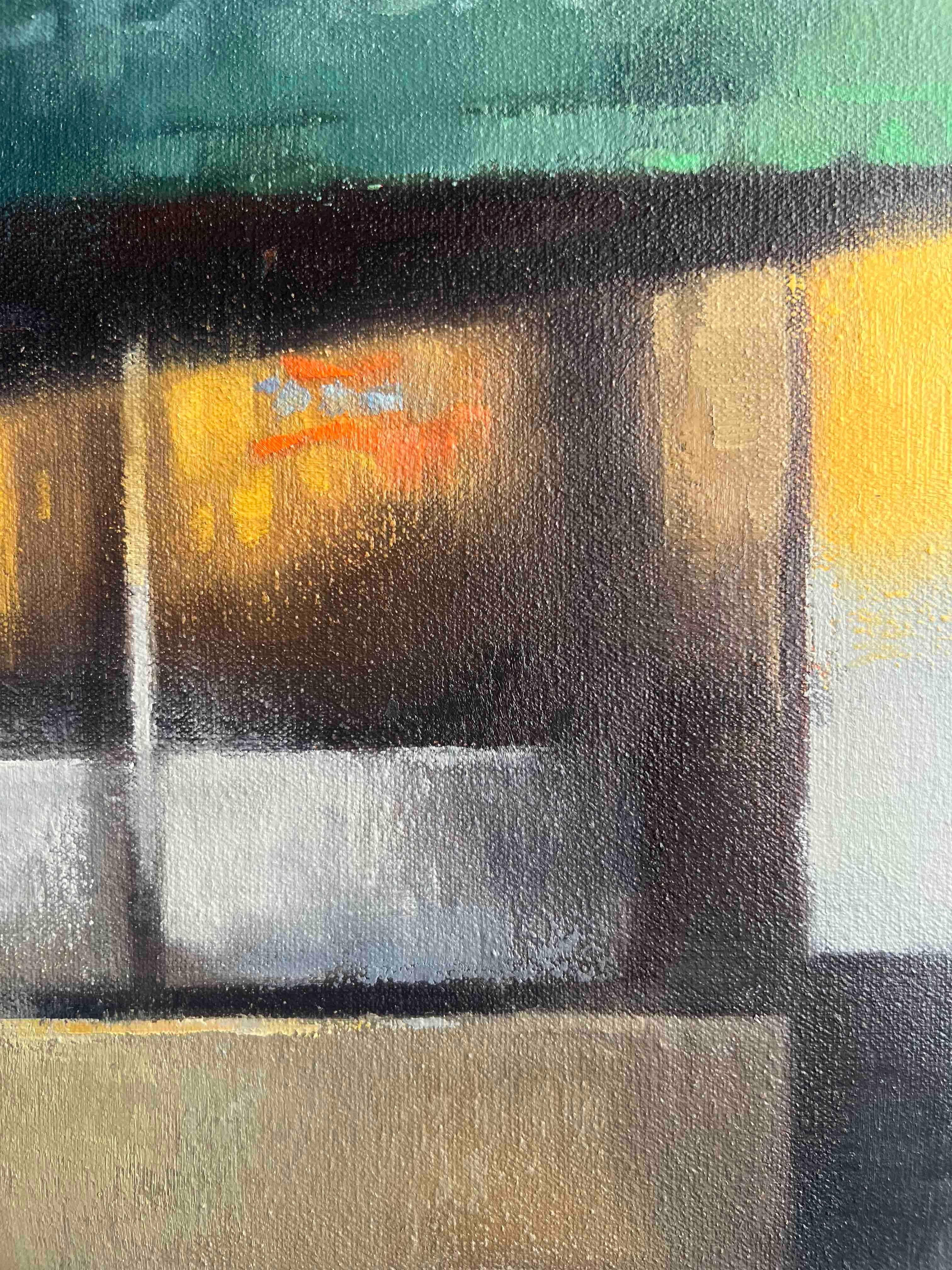 Este evocador cuadro capta una serena escena callejera del barrio de Potrero Hill de San Francisco, centrándose en una encantadora tienda de ultramarinos a la hora dorada. Cuando los últimos rayos de sol iluminan el paisaje urbano, la calle queda en