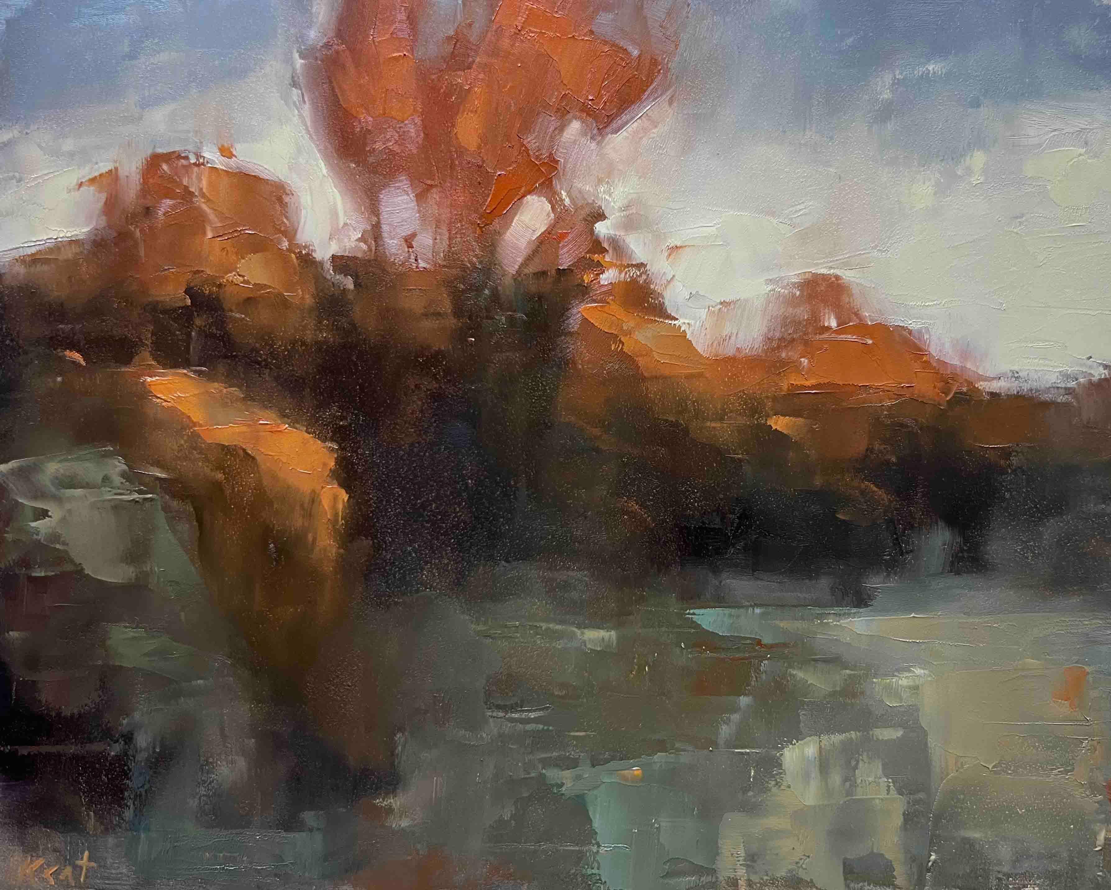 Small original oil painting nature golden hour - Painting by Christina Kent