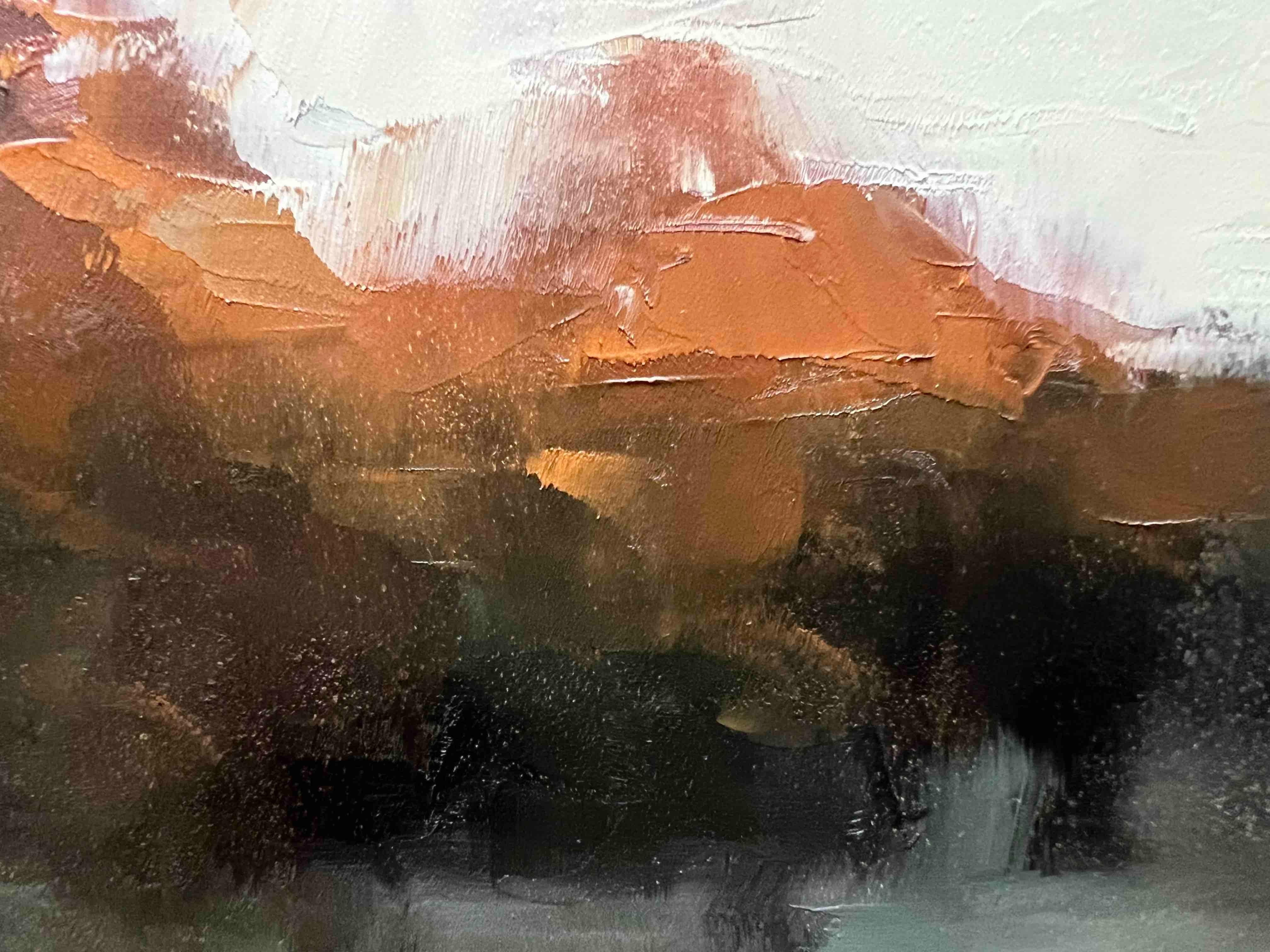 This original oil painting captures the enchanting beauty of trees and foliage bathed in the warm glow of golden hour. The composition invites viewers into a serene landscape where radiant light delicately caresses the branches and leaves, creating