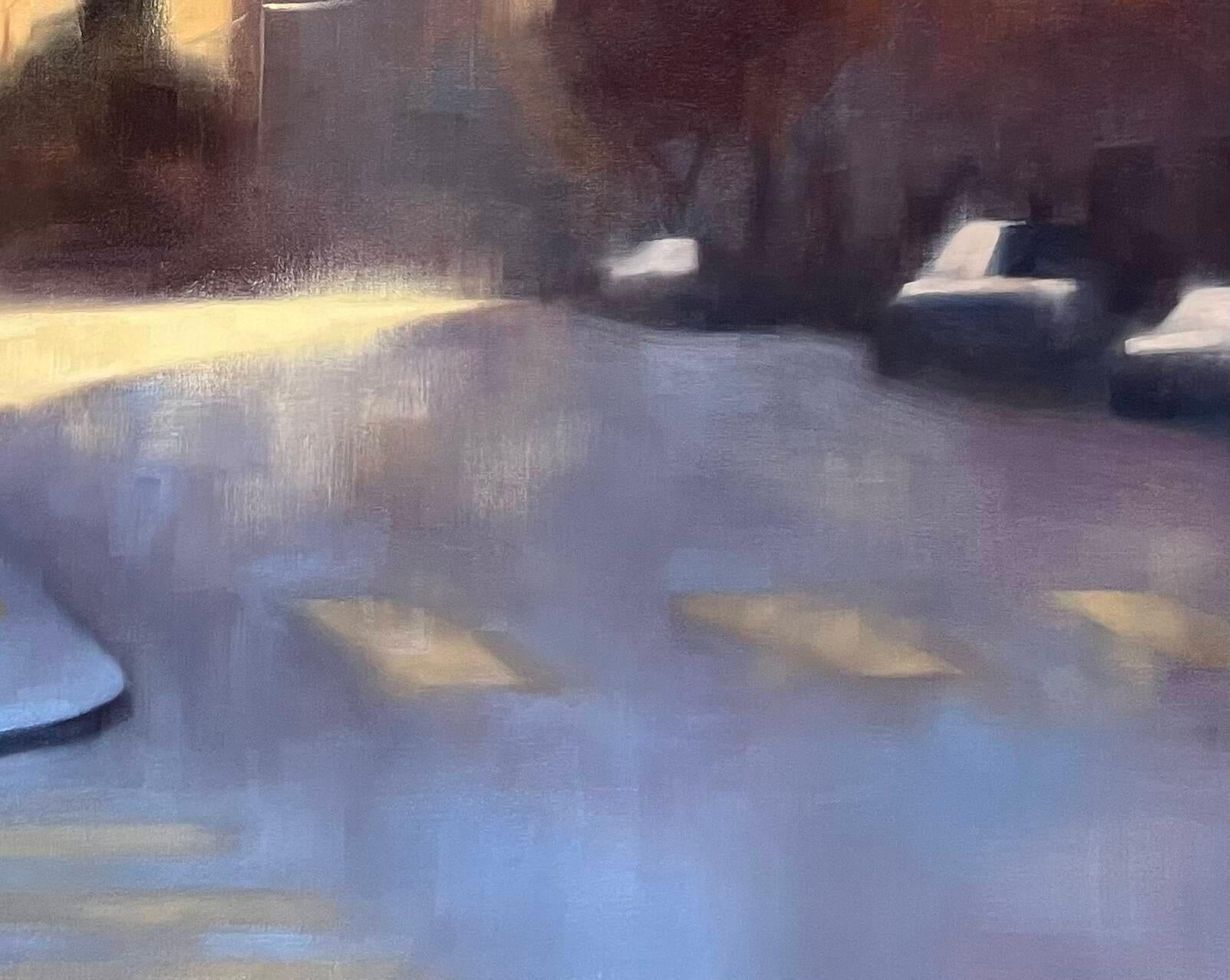 Last Light on 20th St is a luminous and expansive oil painting capturing the quiet beauty of a San Francisco neighborhood at golden hour. Measuring 48 x 60 inches, this striking canvas explores the interplay of warm evening light and cool shadow in