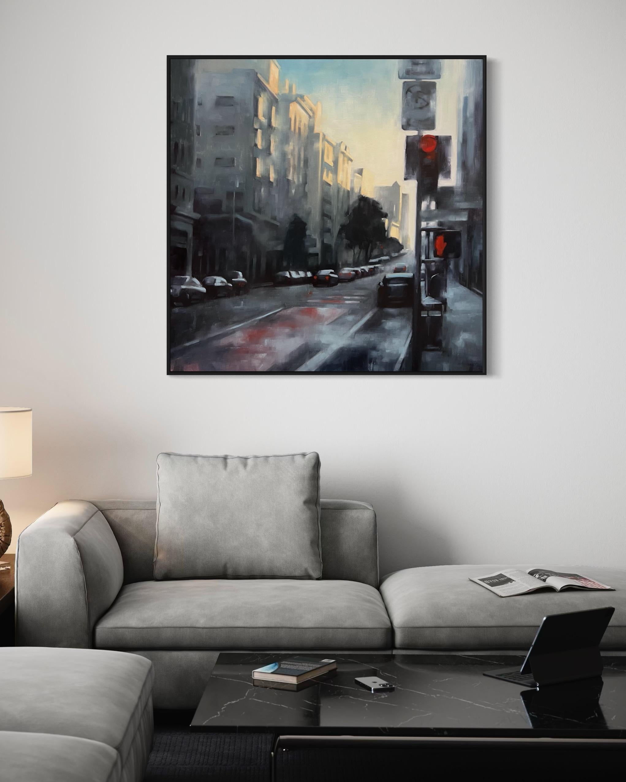 Last Light on Geary – Large Contemporary San Francisco City Oil Painting - Black Landscape Painting by Christina Kent