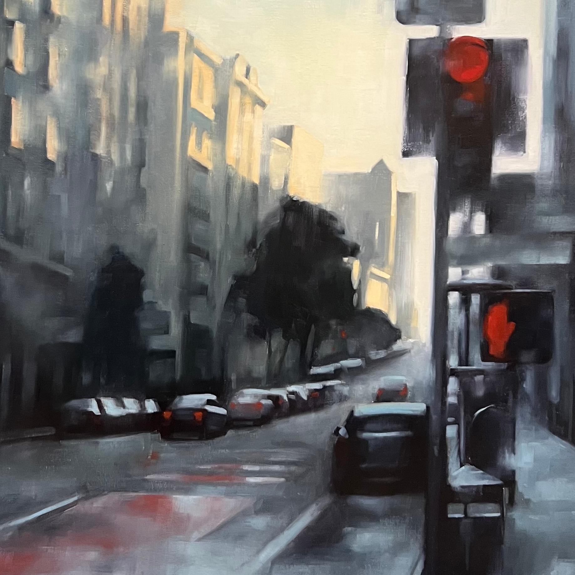 Last Light on Geary is a striking 48 x 48 inch oil painting on canvas by San Francisco-based artist Christina Kent. The painting captures the fleeting glow of sunset in downtown San Francisco. Looking west along Geary Street, the painting juxtaposes