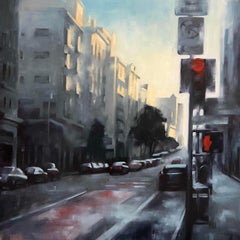 Última luz en Geary - Gran pintura al óleo contemporánea de la ciudad de San Francisco