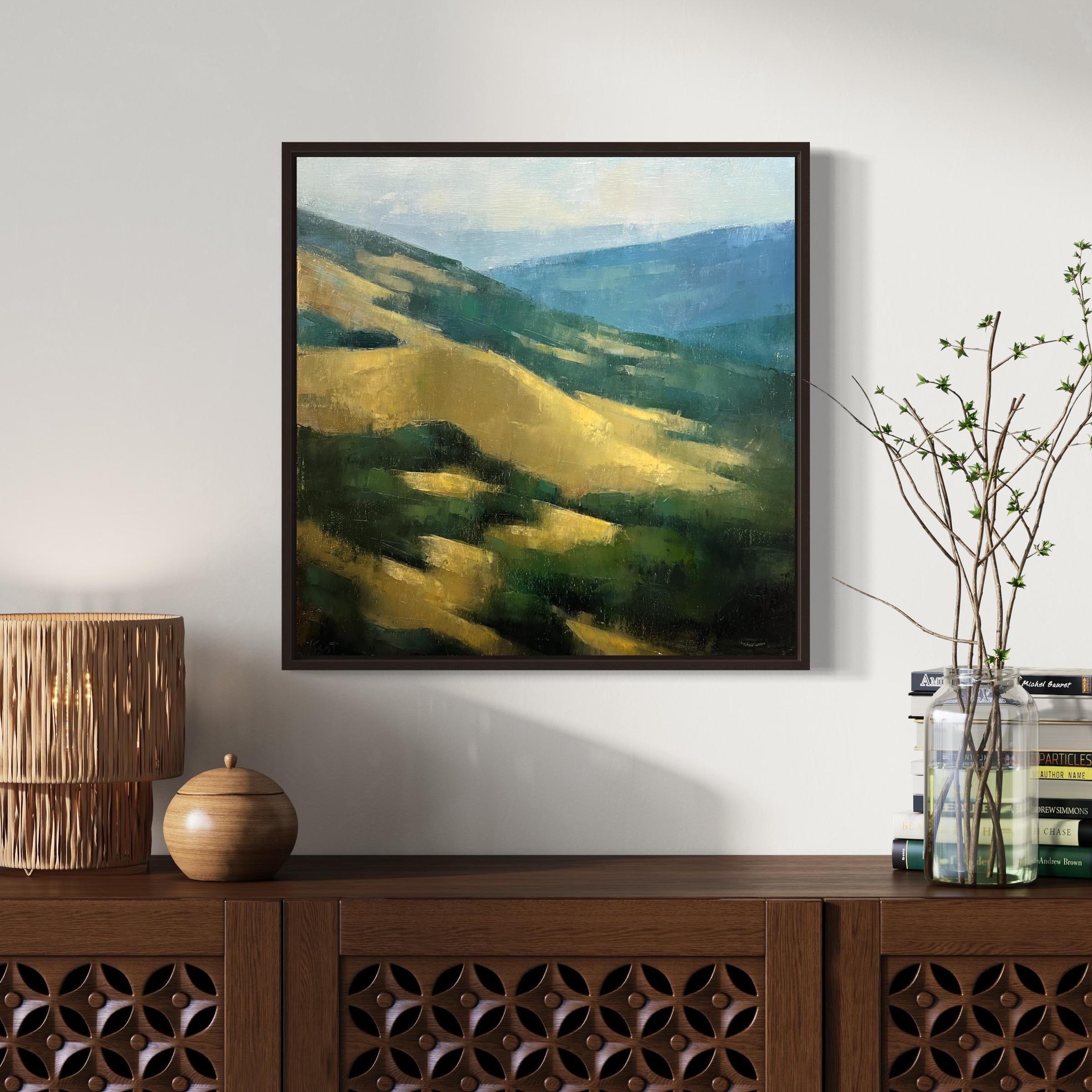 Sumérgete en la serena belleza del norte de California con este cuadro inspirado en el encantador valle de Lucas. Esta obra de arte capta maravillosamente las clásicas colinas adornadas con frondosos árboles verdes enclavados entre campos de heno