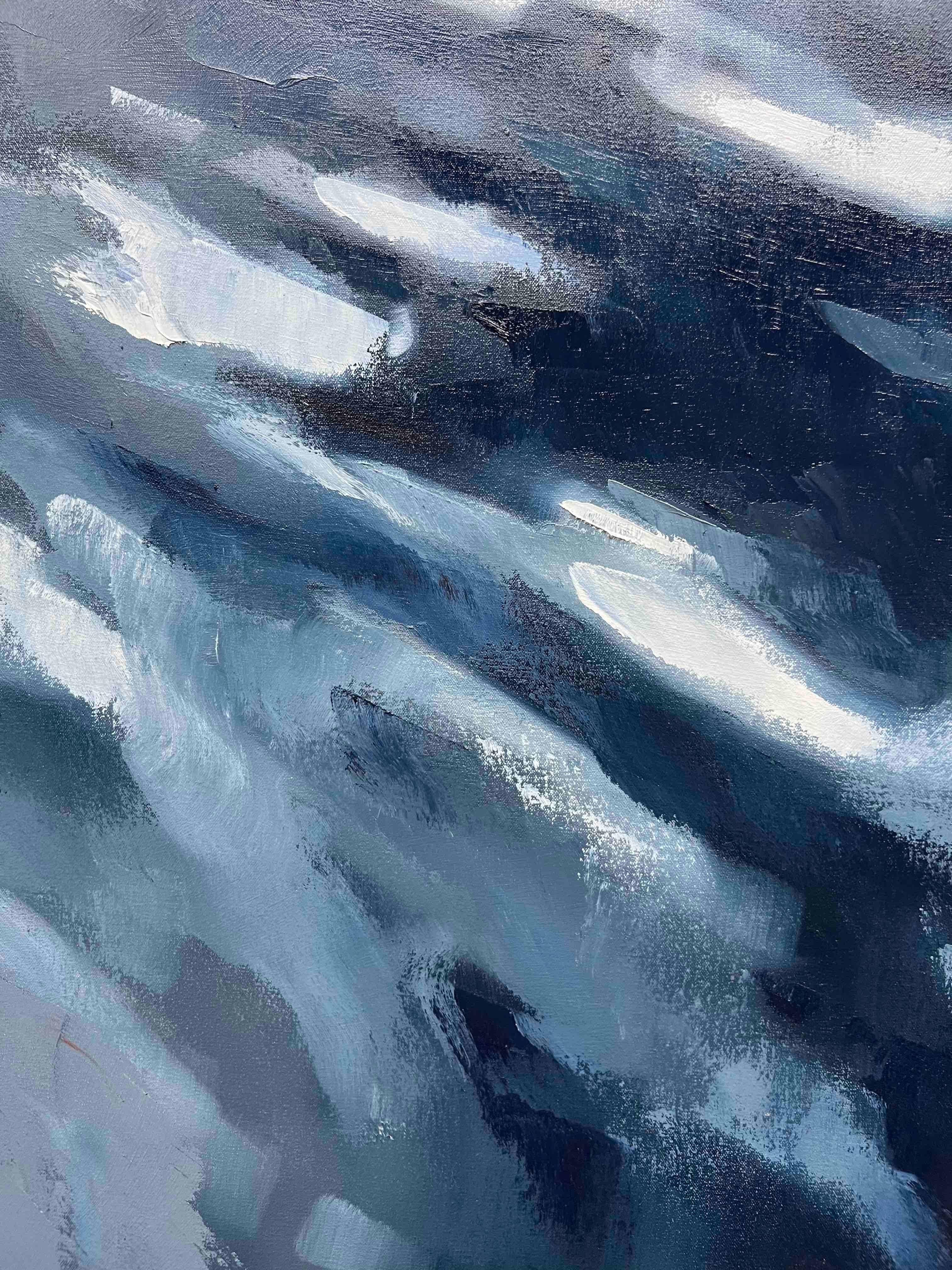 Dieses Original-Ölgemälde zeigt die atemberaubende Schönheit eines Bergpanoramas in Vail, Colorado, im Herzen der Rocky Mountains. Das Kunstwerk ist ein Zusammenspiel aus abstrakten Texturen und ruhigen Farben, das die raue und doch ruhige Essenz