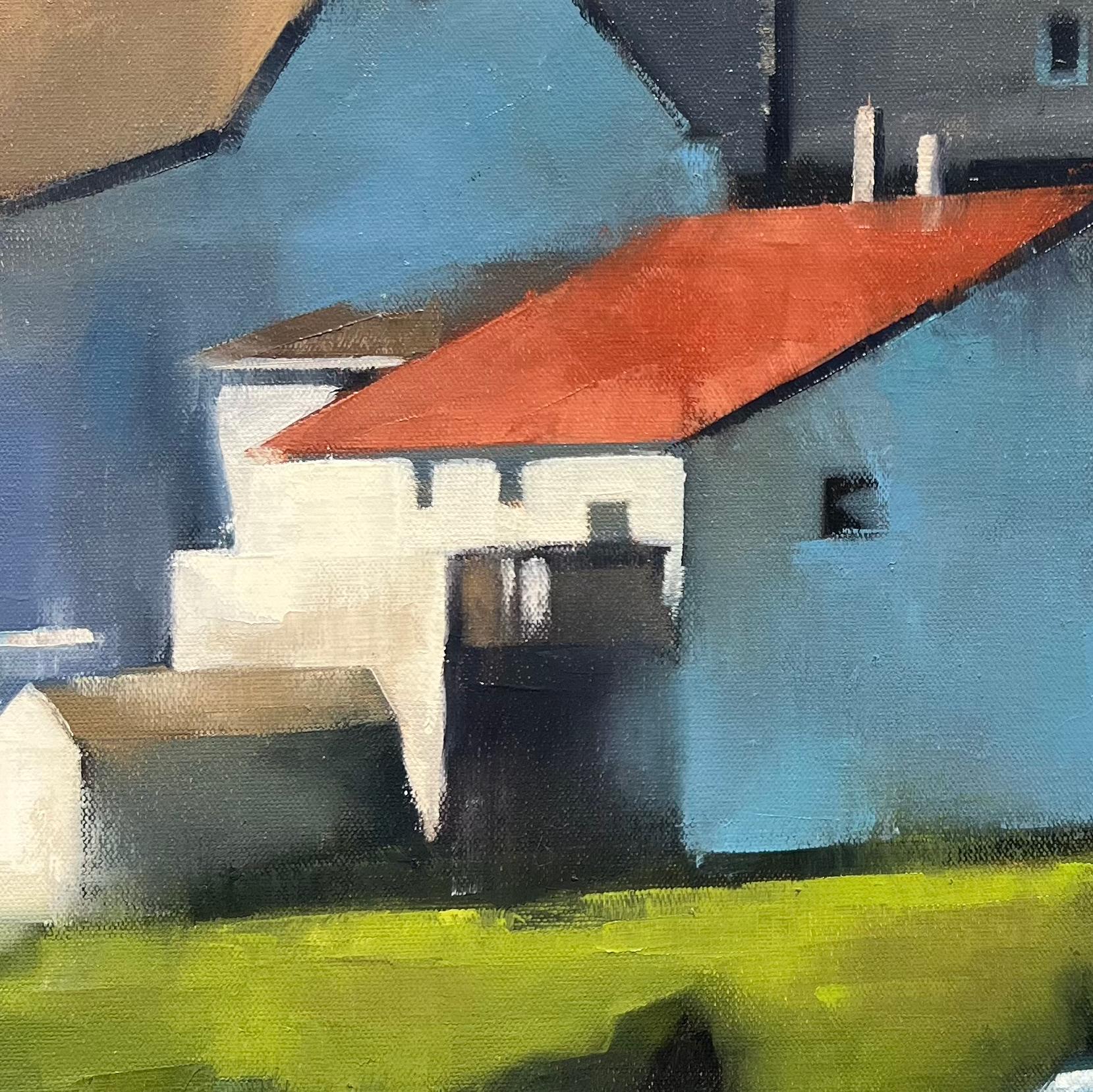 Original Ölgemälde von Newfoundland-Häusern, Küsten-Dörfer-Landschaftskunst (Grau), Interior Painting, von Christina Kent
