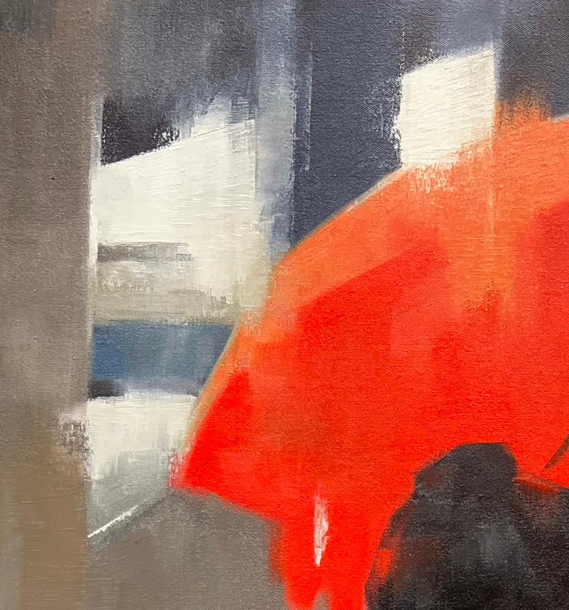 Pintura al óleo original escena de ciudad lluviosa pintura figurativa contemporánea en venta 2