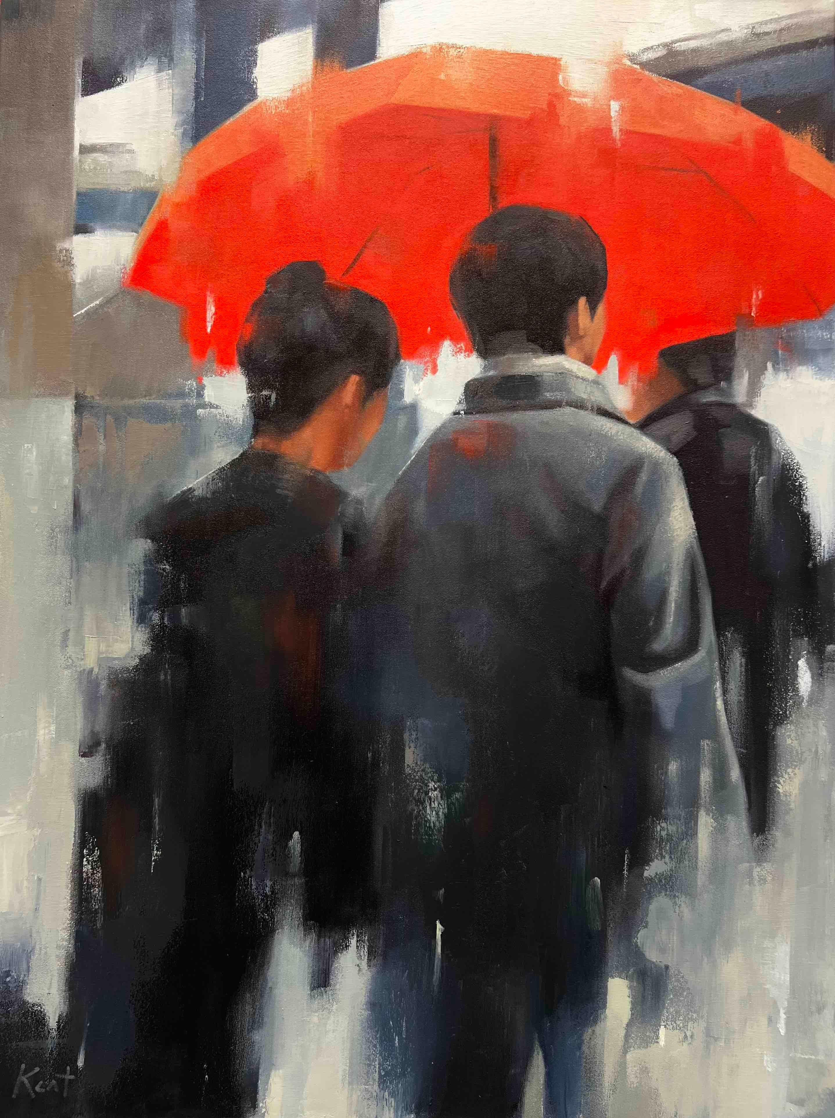 Figurative Painting de Christina Kent - Pintura al óleo original escena de ciudad lluviosa pintura figurativa contemporánea