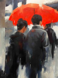 Pintura al óleo original escena de ciudad lluviosa pintura figurativa contemporánea
