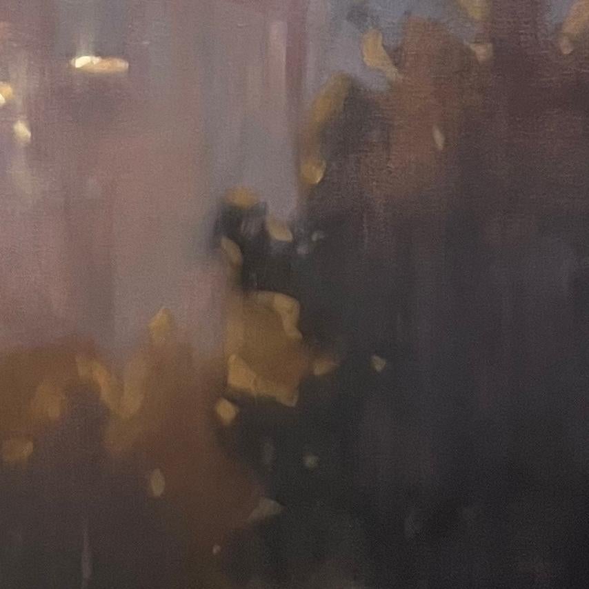This large-scale, immersive oil painting of the city of San Francisco captures the Pacific Heights neighborhood bathed in the golden light of late afternoon. The warm glow of golden hour shimmers off the rooftops of Victorian houses and apartment