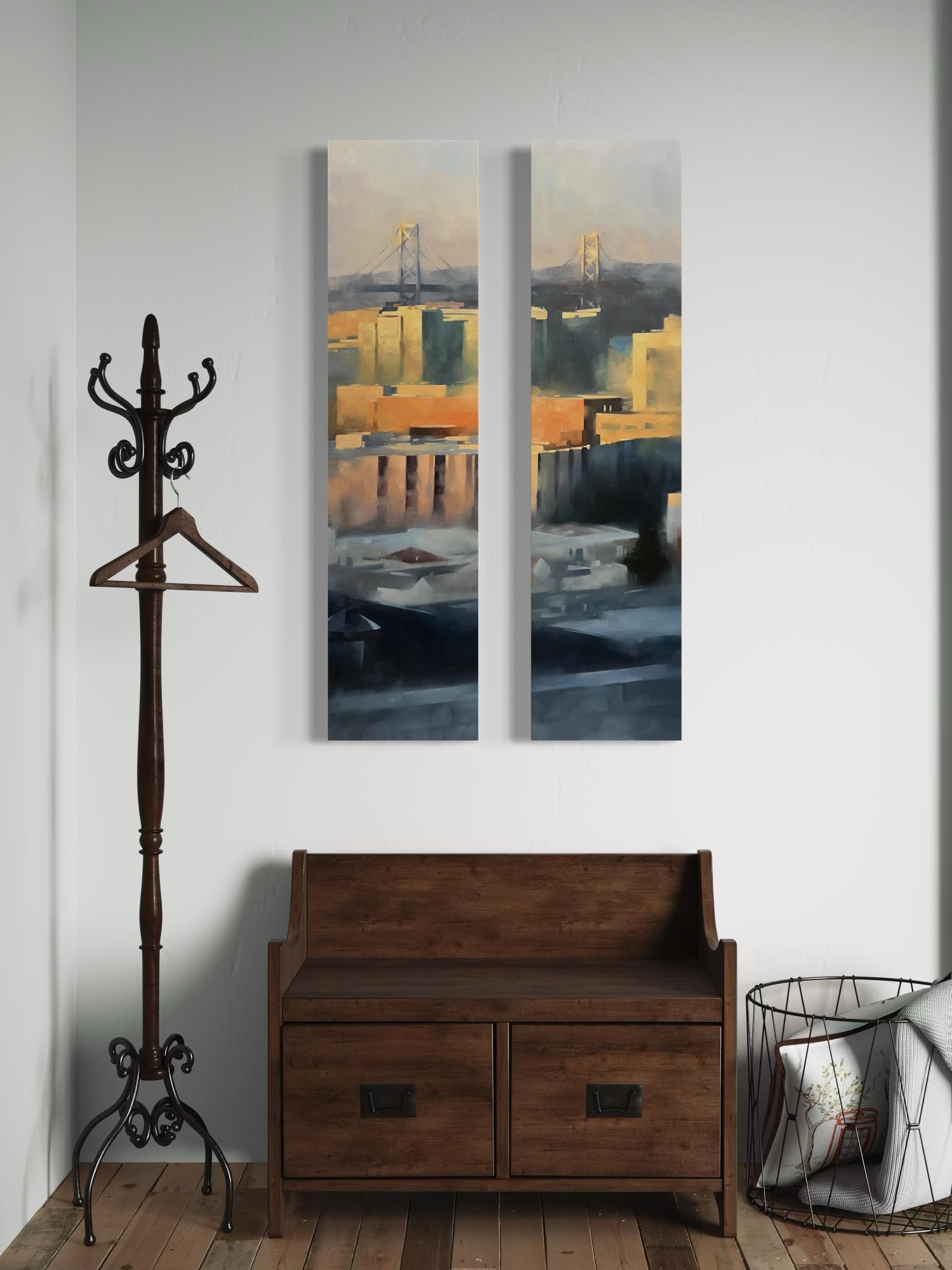 San Francisco Bay Bridge Diptychon Großformatige Stadt am Sonnenuntergang Stadtgemälde – Painting von Christina Kent