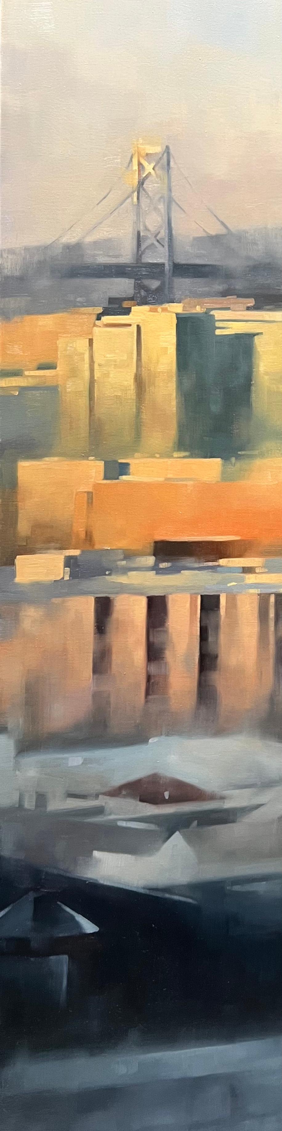San Francisco Bay Bridge Diptychon Großformatige Stadt am Sonnenuntergang Stadtgemälde (Realismus), Painting, von Christina Kent