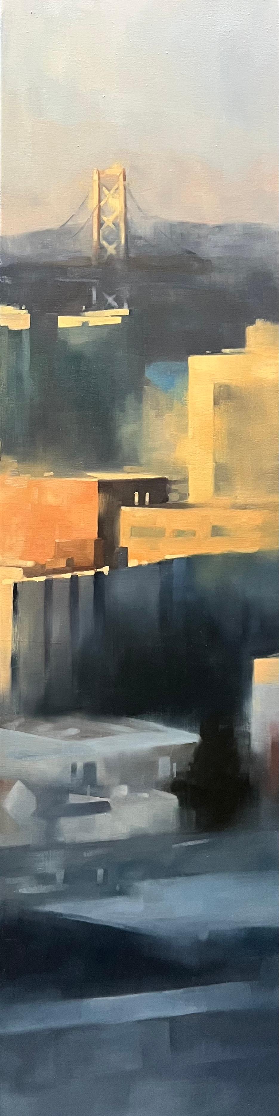 San Francisco Bay Bridge Diptychon Großformatige Stadt am Sonnenuntergang Stadtgemälde (Beige), Landscape Painting, von Christina Kent
