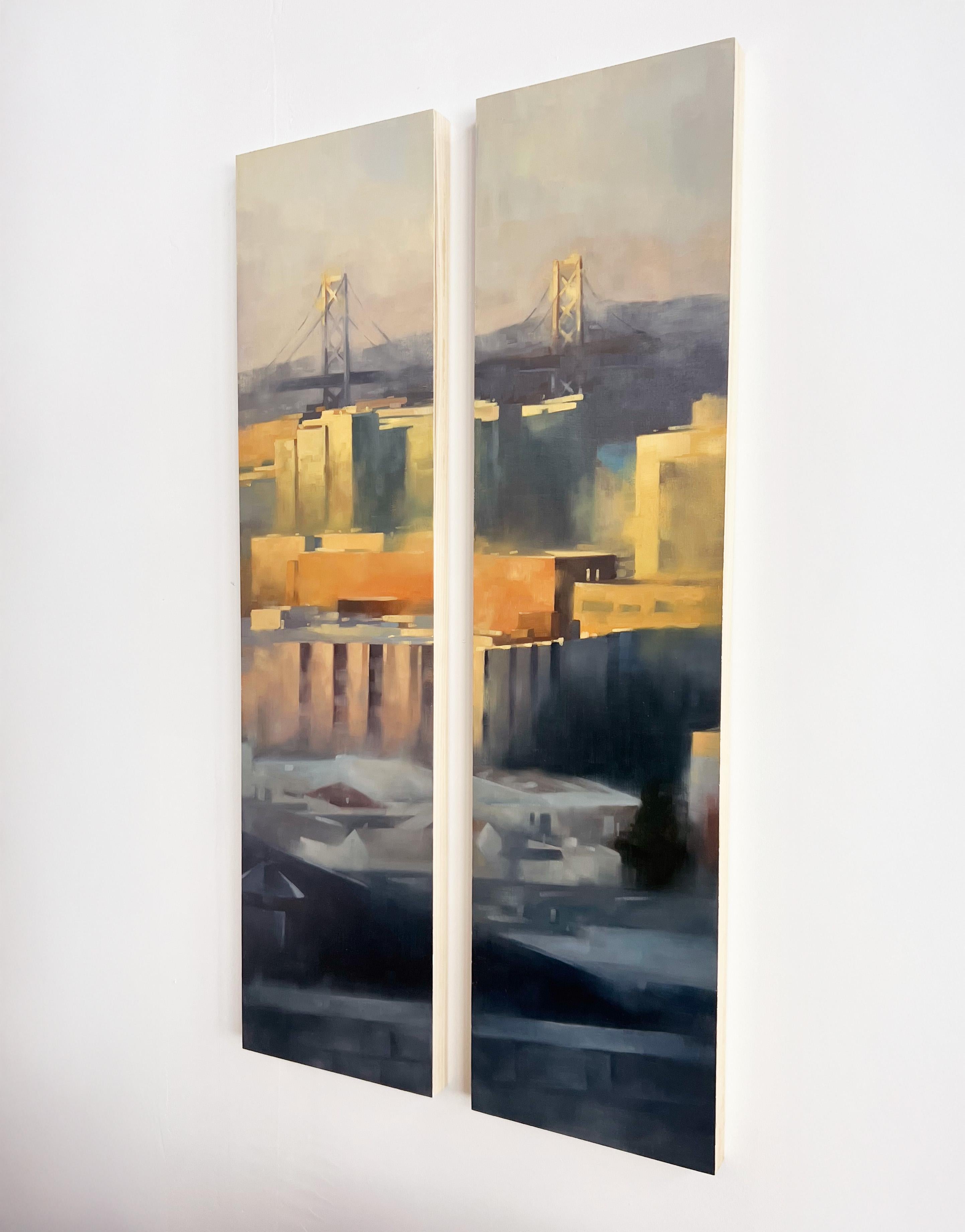 From Potrero to the Bay ist ein leuchtendes Diptychon von Christina Kent, das die vielschichtige Schönheit des Stadtbildes von San Francisco vom Potrero Hill aus betrachtet einfängt. Jede der beiden Tafeln (48 x 12 Zoll) bildet einen vertikalen