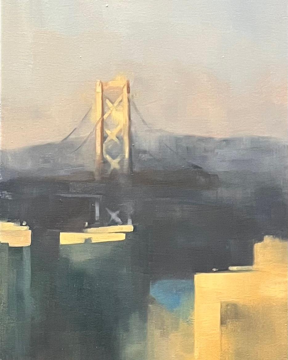 San Francisco Bay Bridge Diptychon Großformatige Stadt am Sonnenuntergang Stadtgemälde im Angebot 2