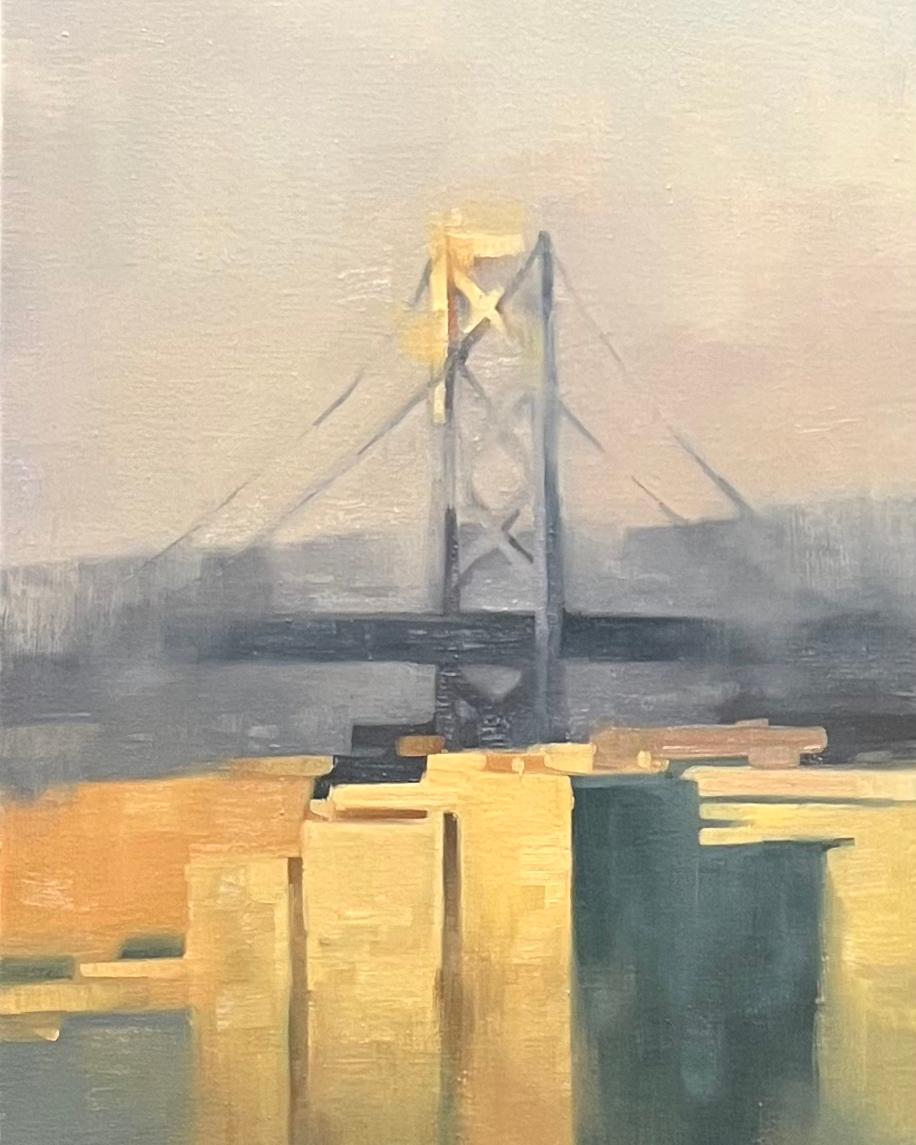 San Francisco Bay Bridge Diptychon Großformatige Stadt am Sonnenuntergang Stadtgemälde im Angebot 3