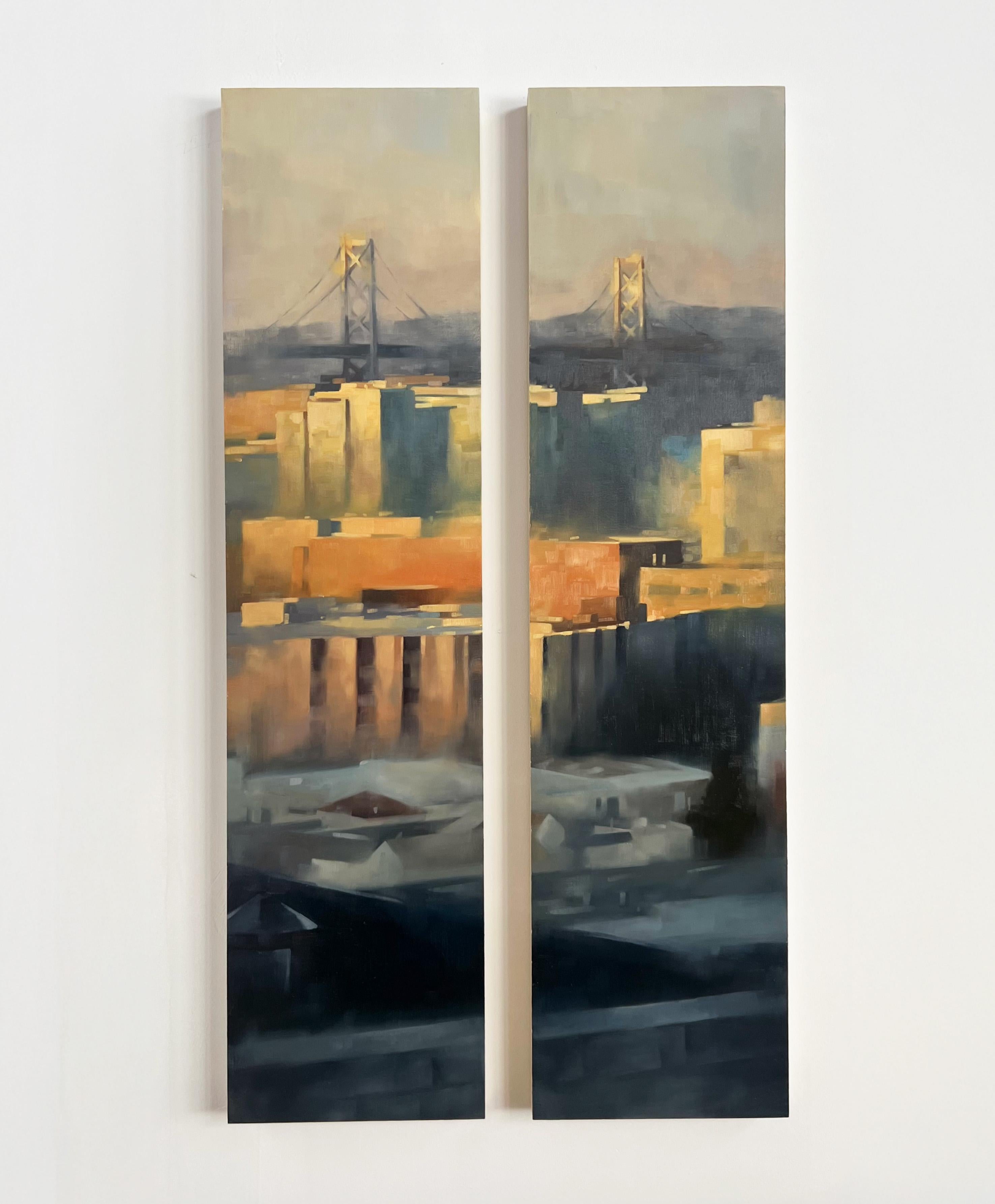 Christina Kent Landscape Painting – San Francisco Bay Bridge Diptychon Großformatige Stadt am Sonnenuntergang Stadtgemälde