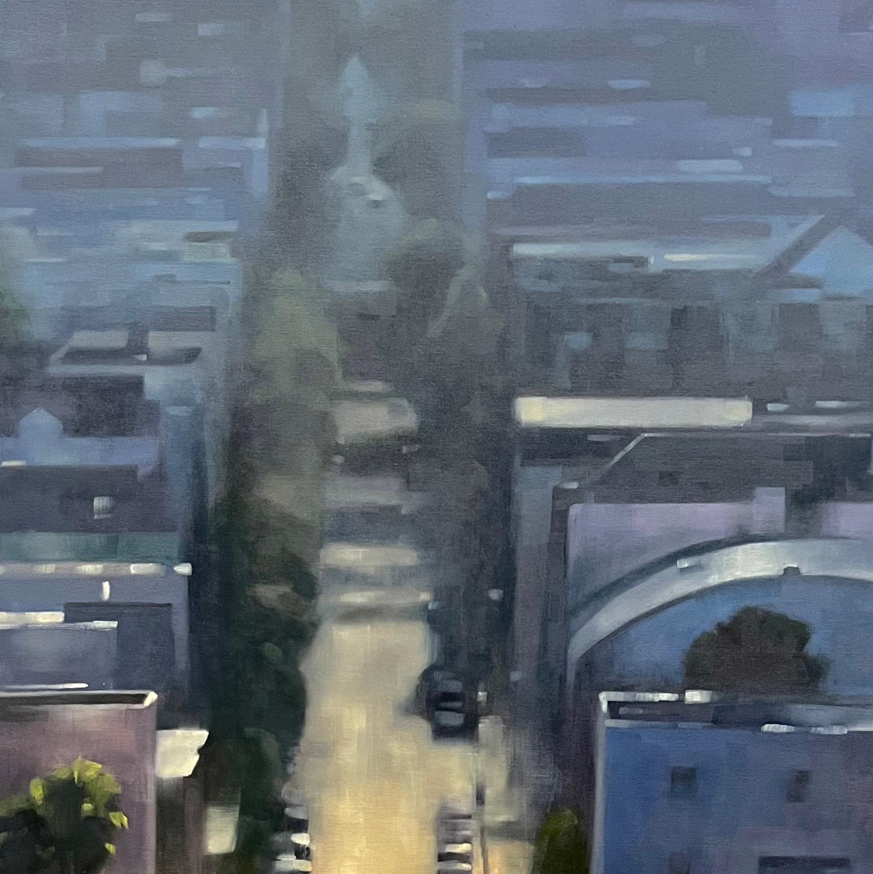 This original painting by Christina Kent captures a serene, elevated view of a street in San Francisco’s iconic Mission District. Rendered in oil on gallery-wrapped canvas, the large-scale cityscape portrays the urban landscape bathed in dynamic,