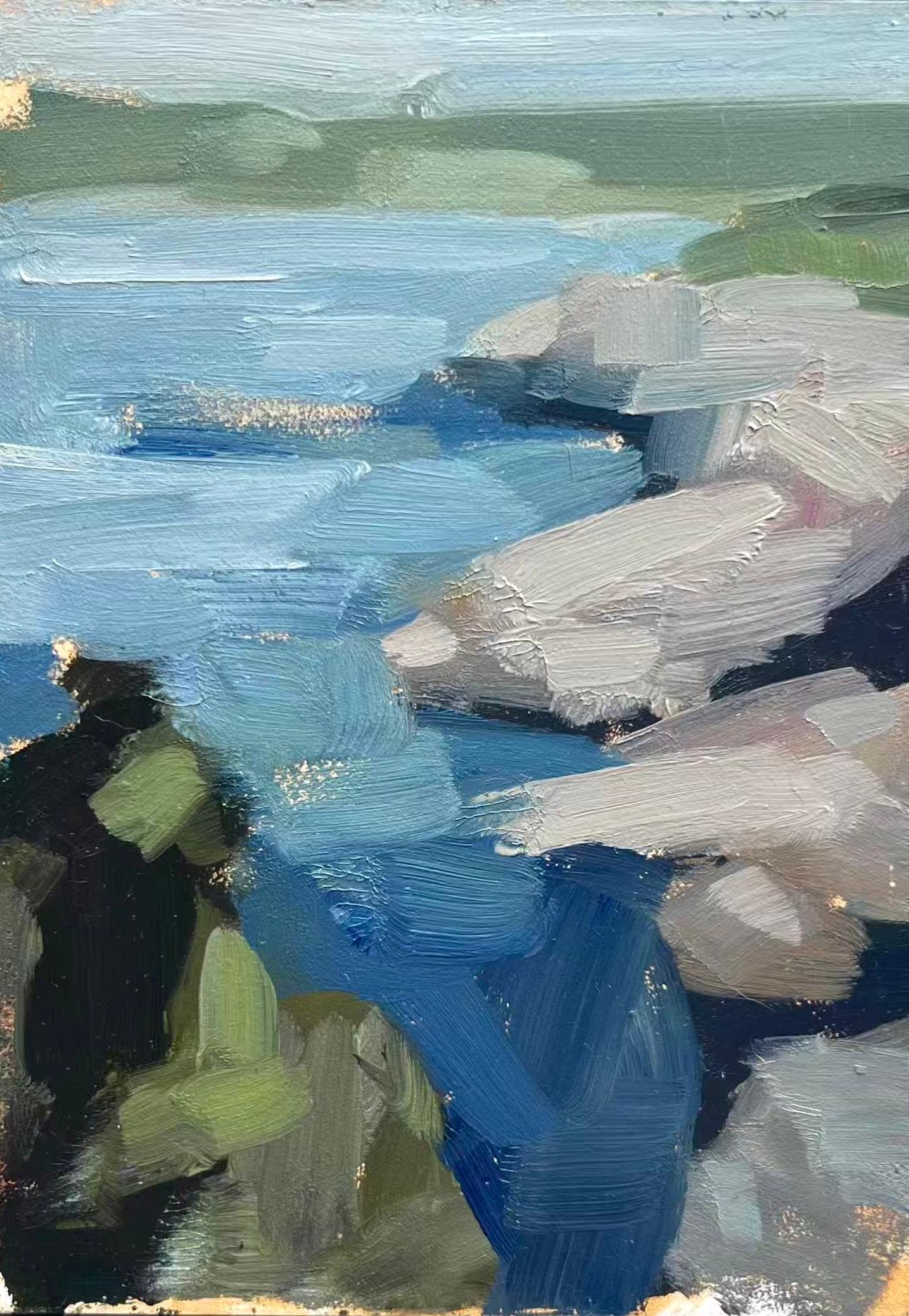 Pequeño paisaje costero pintura abstracta paisaje expresivo - Landscape Painting Gris de Christina Kent