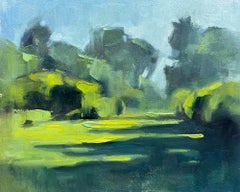 Small contemporary landscape painting green peaceful meadow oil painting