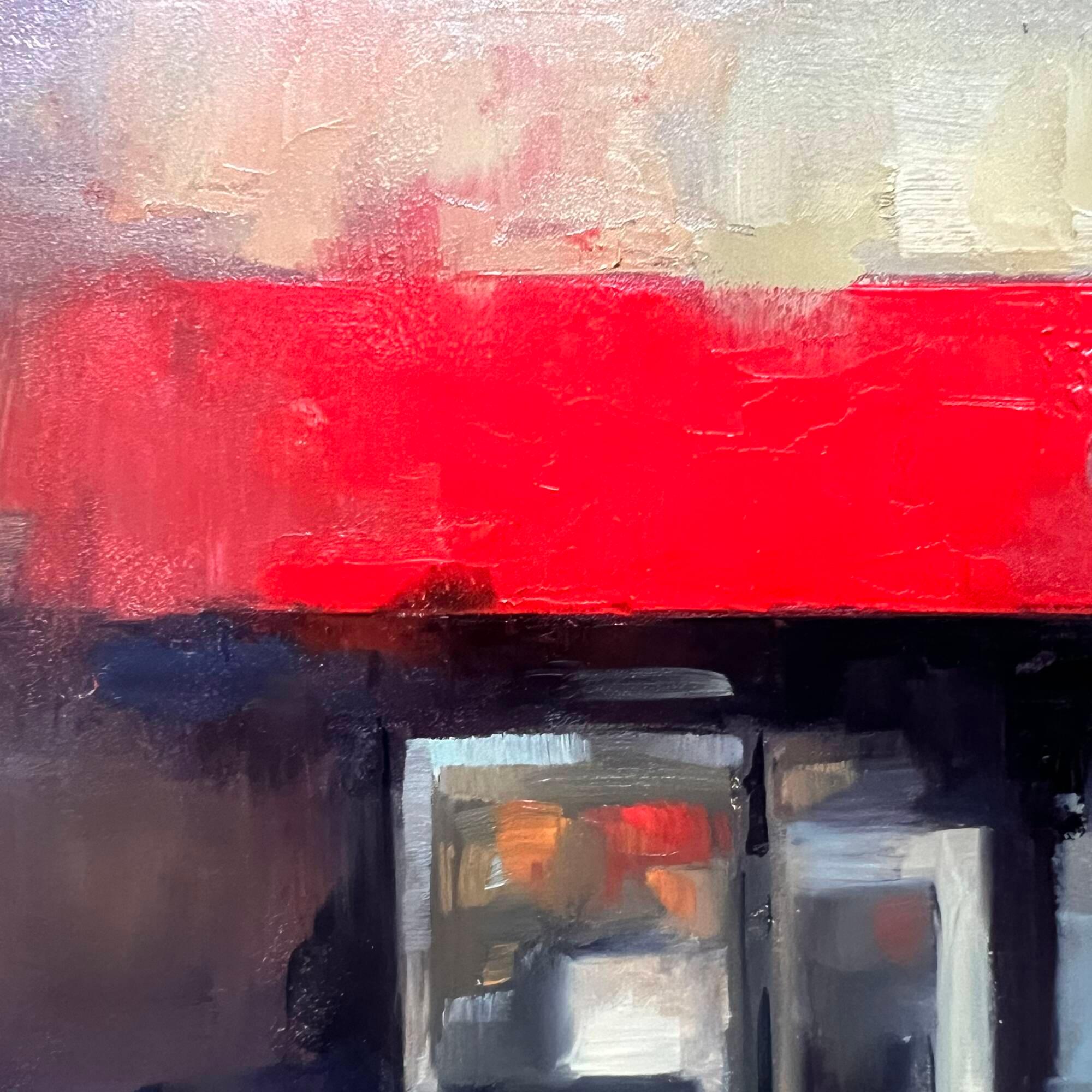 Small urban painting vibrant city scene original oil painting - Realist Painting by Christina Kent